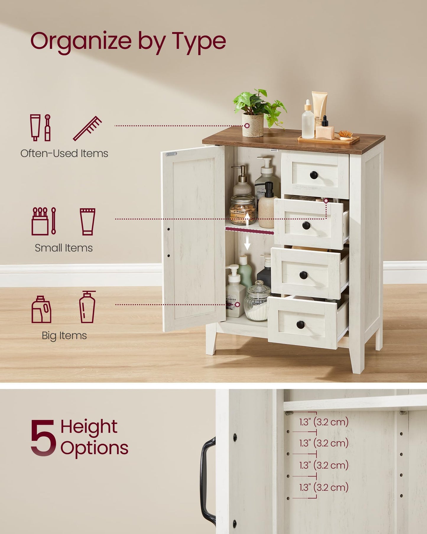 VASAGLE LIRY Collection - Storage Cabinet, Farmhouse Bathroom Floor Cabinet with 4 Drawers, Freestanding Storage Organizer, Barn Door, Adjustable Shelf, Rustic White, UBBK753W01