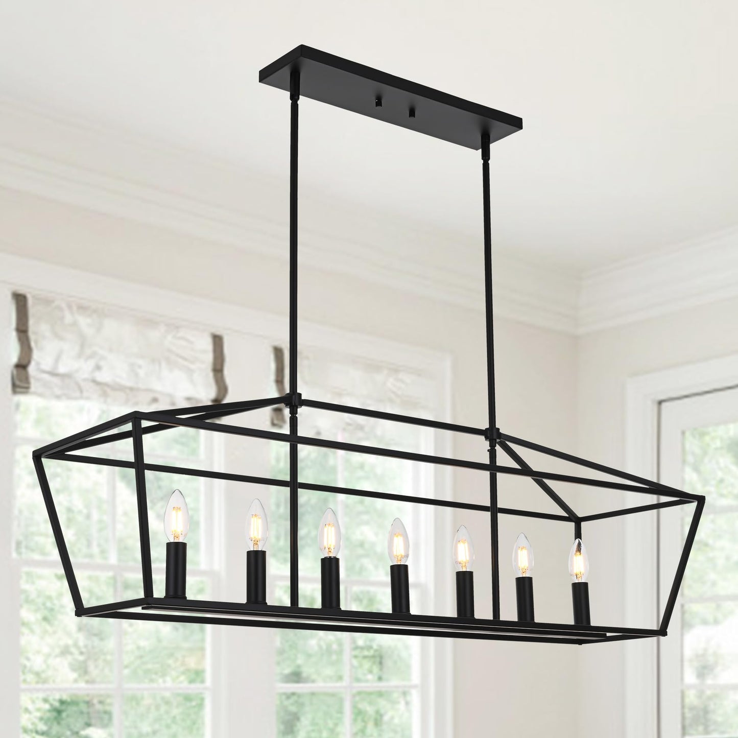 MELUCEE 7-Light Dining Room Light Fixtures Over Table, Farmhouse Chandelier Light Fixture Black Industrial Linear Pendant Lights Kitchen Island Candle Lantern Chandelier, E12 Base