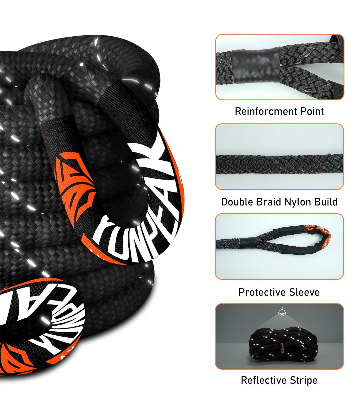 YUNPEAK 1.26" x 30ft Heavy-Duty Kinetic Recovery Rope – 56,000lbs Break Strength – Includes 2 Ultra-Strong UHMWPE Soft Shackles – Ideal for Trucks, SUVs, Jeeps, UTVs, ATVs & Tractors (Black)