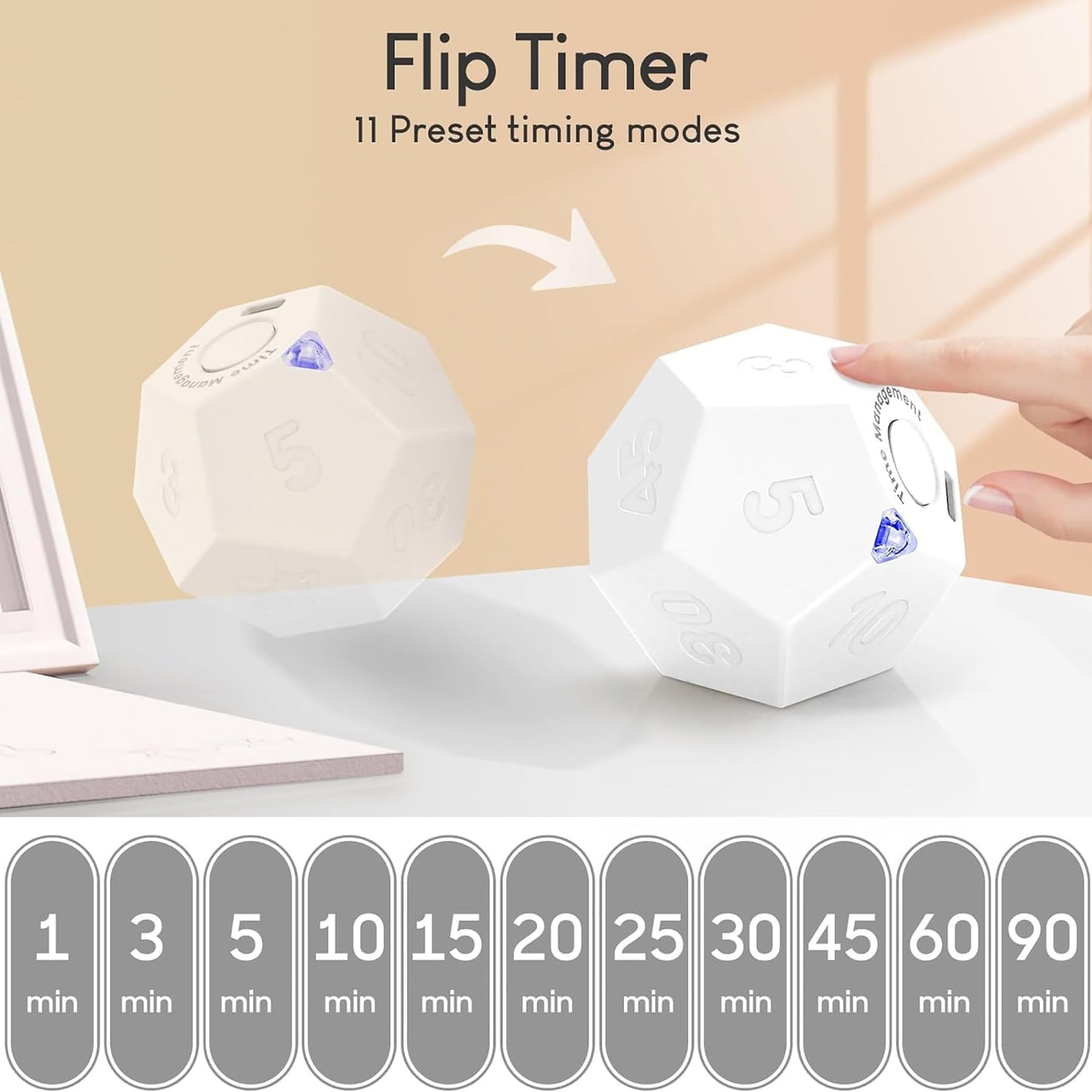 BEBESIRI Mini 12 Sided Cube Timer, 11 Preset Times Pomodoro Timer for Enhanced Productivity. Ideal for ADHD Management, Workout, Study & Kitchen Cooking. Easy to Use（White）