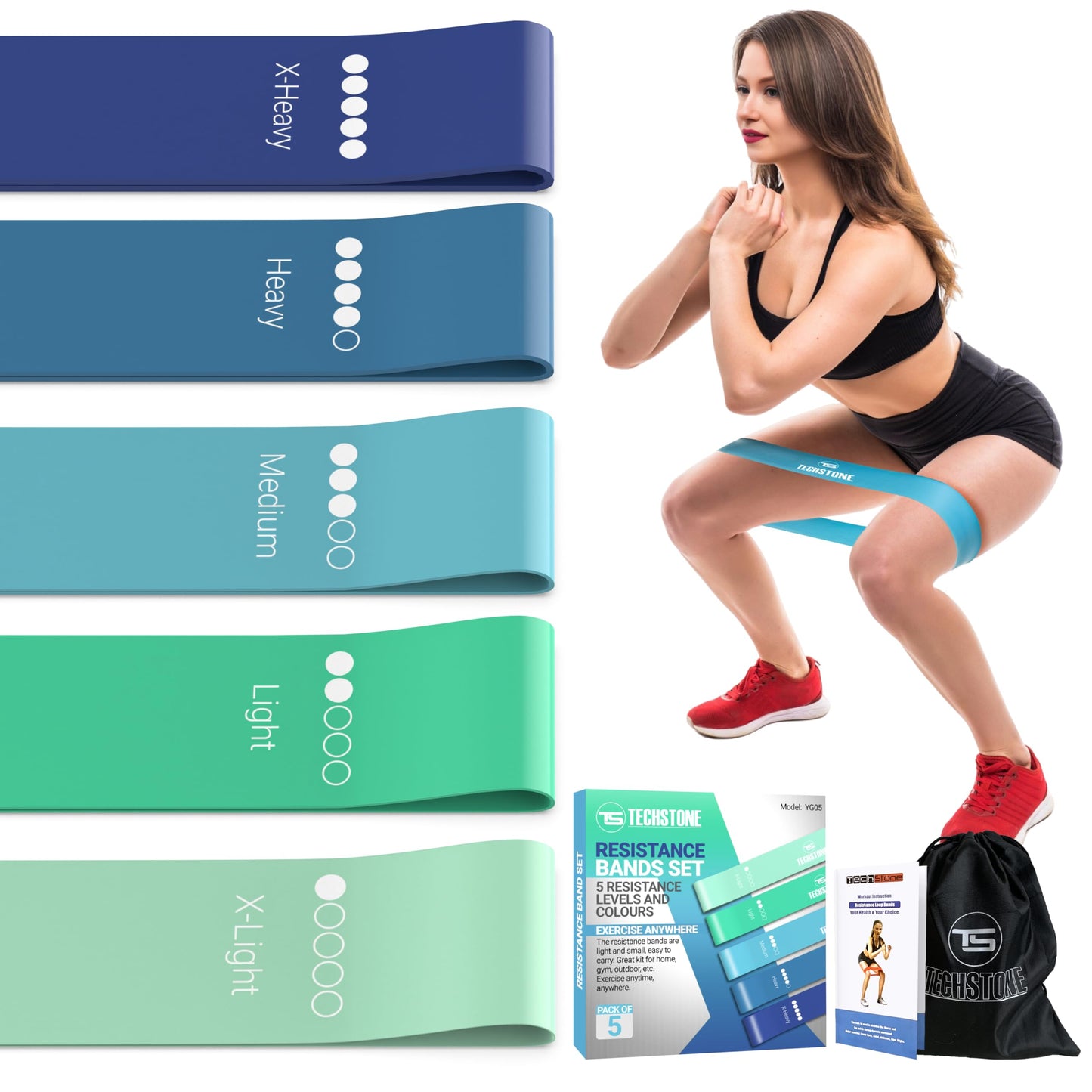 TechStone Resistance Bands Set – 5 Levels Loop Exercise Bands for Men & Women, Elastic Workout Bands for Home Gym, Training, Yoga & Fitness, Carry Bag Included (Blue)