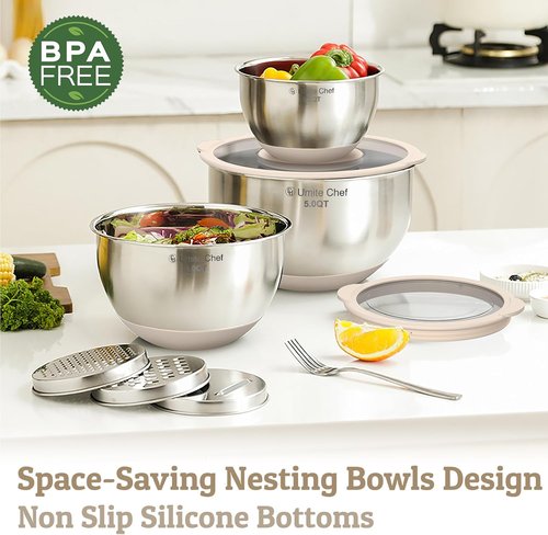 Mixing Bowls Set by [Brand Name] - Airtight Stainless Steel Bowls with Lids & Graters | Non-Slip, Khaki 5/3/2/1.5/0.63QT