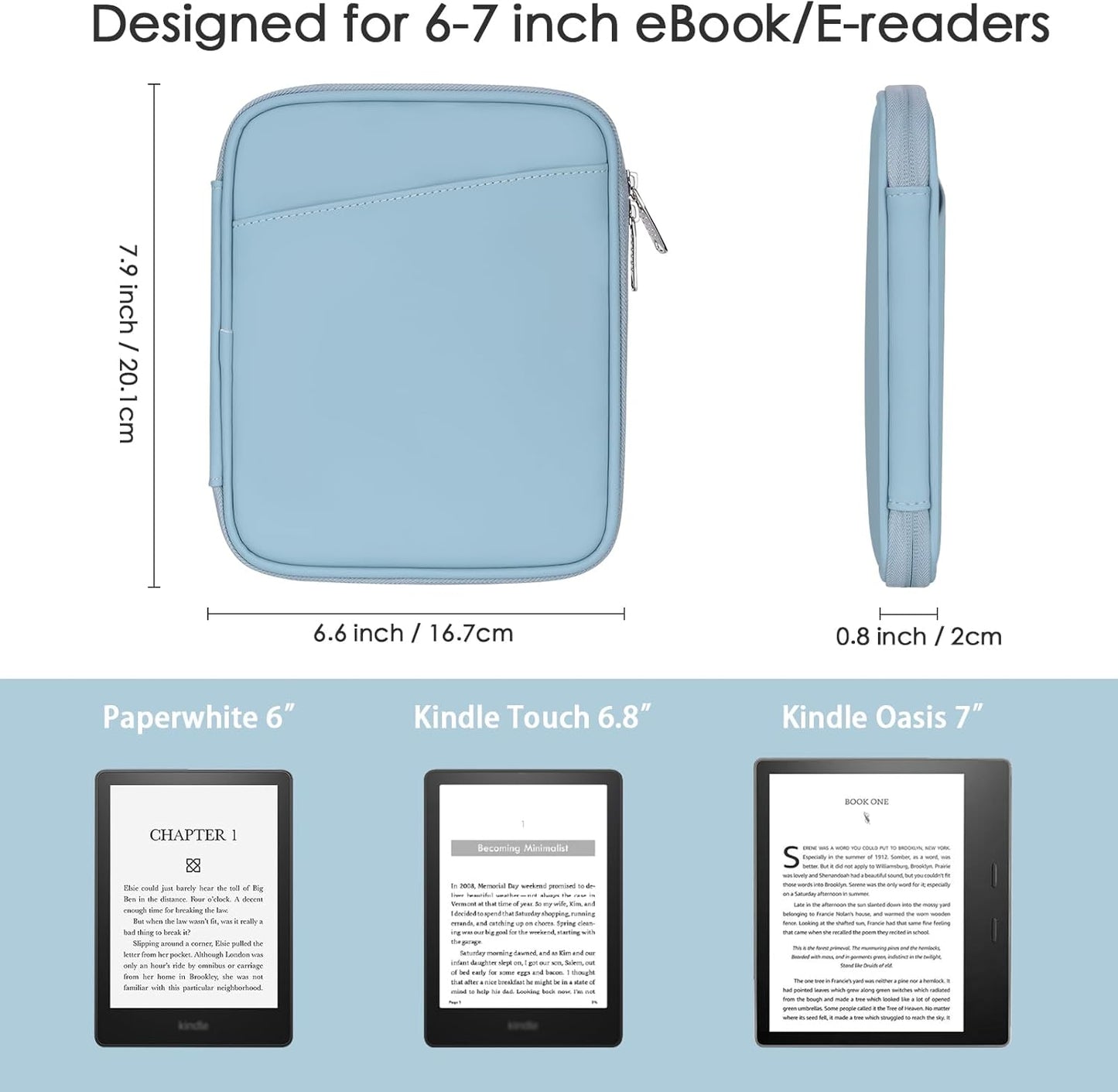 Cayeelu 6-7 Inch Padded Sleeve Pouch for eBook/E-Reader/Kindle Paperwhite/Kindle Oasis (Misty Blue-PU)