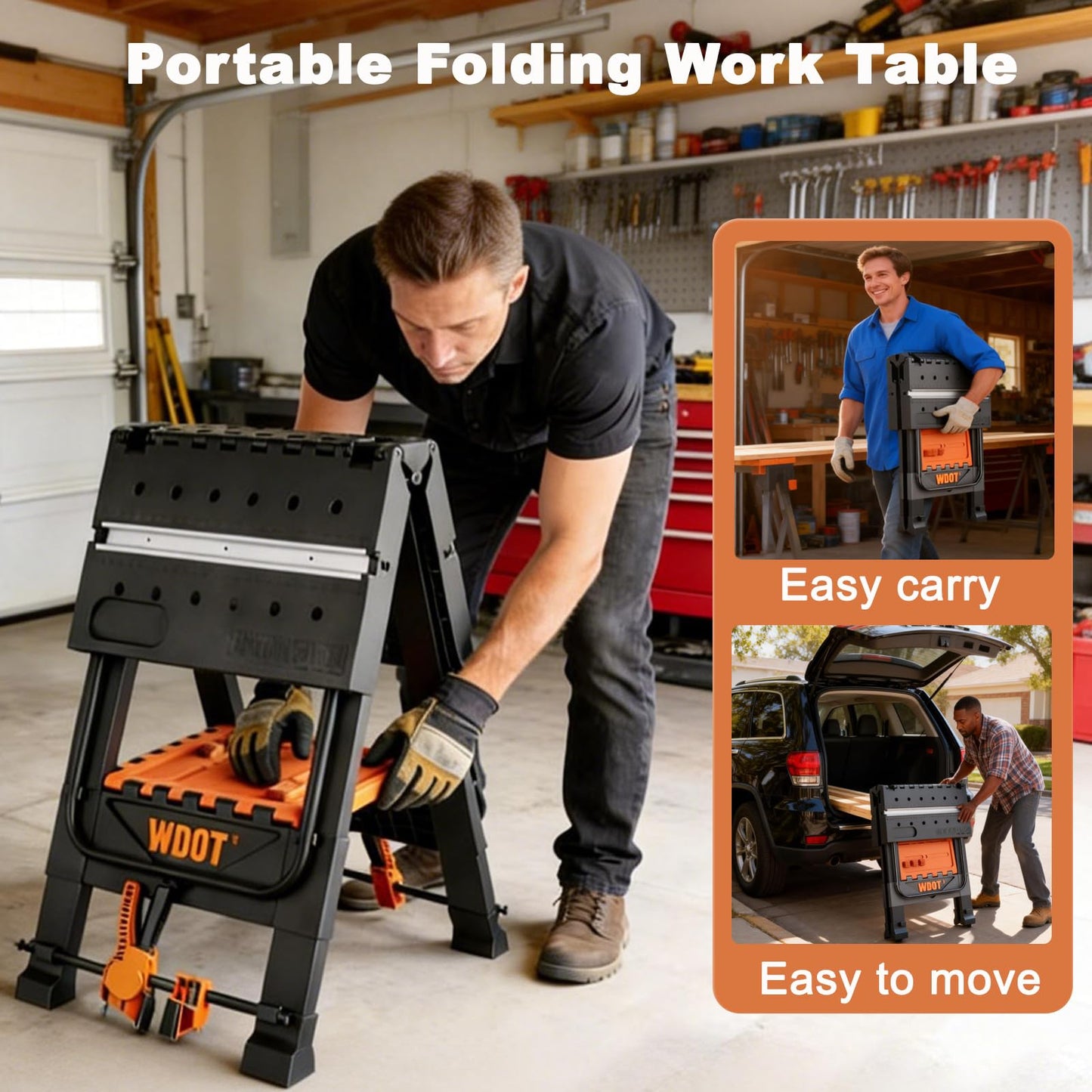 WDOT 2-in-1 Folding Work Bench & Sawhorse, Easy Setup Portable Work Table, 31" W x 25" D x 32" H, Laser-Engraved Scale,Lightweight Worktable with Large Load Capacity, 2 Clamps & 6 Bench Dogs