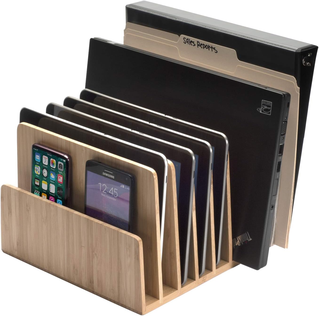 MobileVision 7 Bamboo Device Organizer for Smartphones, Tablets and Laptops, Slots With Extra Wide Slots for Laptops