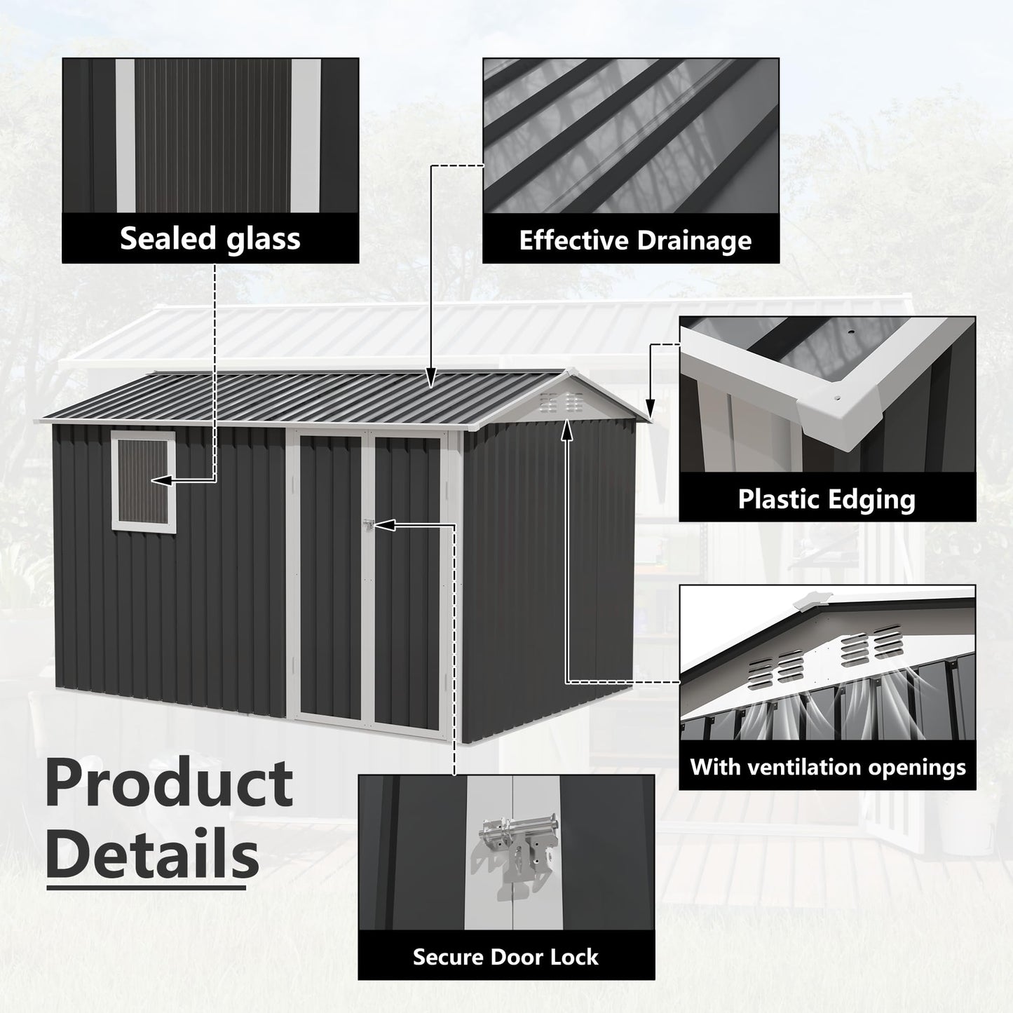KEIKI 9x6 FT Metal Storage Shed with Window, Large Outdoor Backyard Shed for Tools & Equipment, Durable Galvanized Steel Garden Shed for Patio or Tiny House Use, Gray