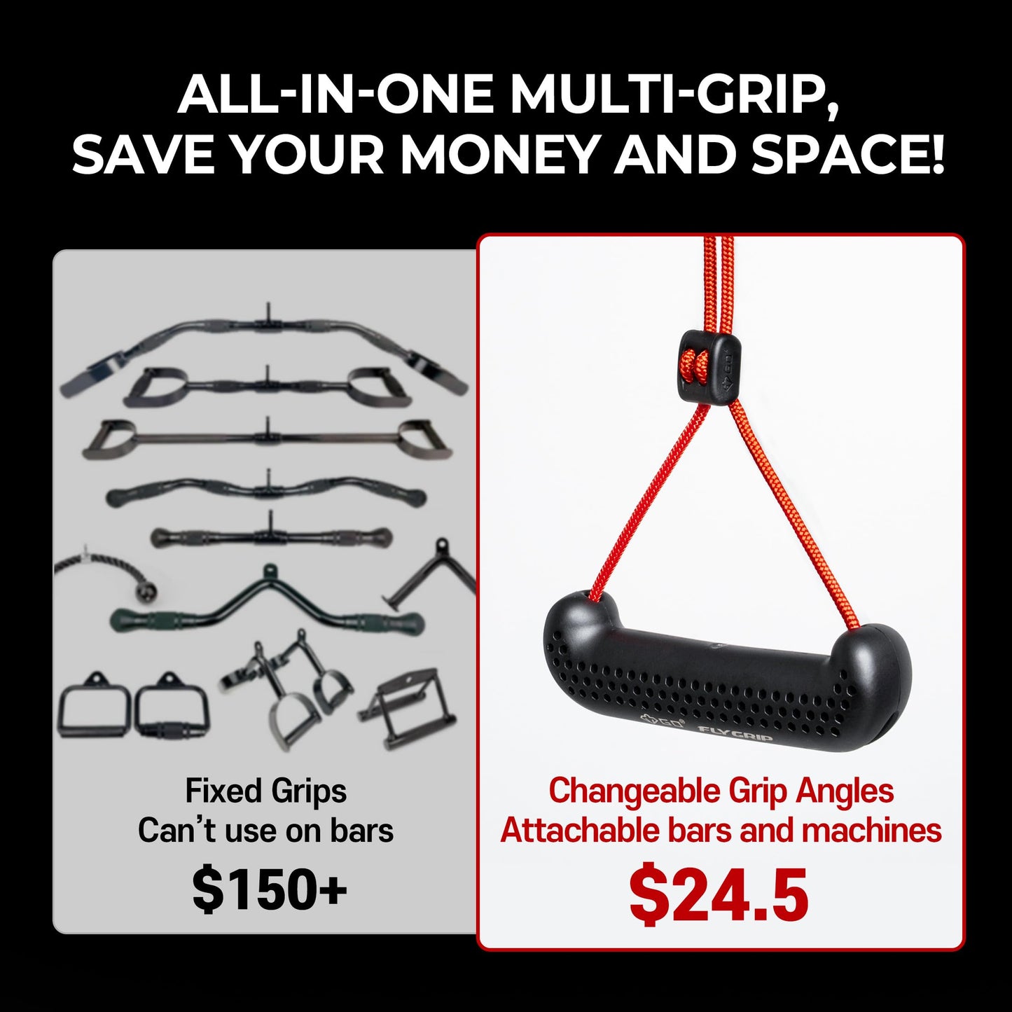 GD Fly Grip Pull Up Handles for Neutral Grip & LAT Pull Down Attachments – Perfect Grips for T-bar Row, D Handle Cable Attachment, Gym Equipment (Red Grip(Black Strap))