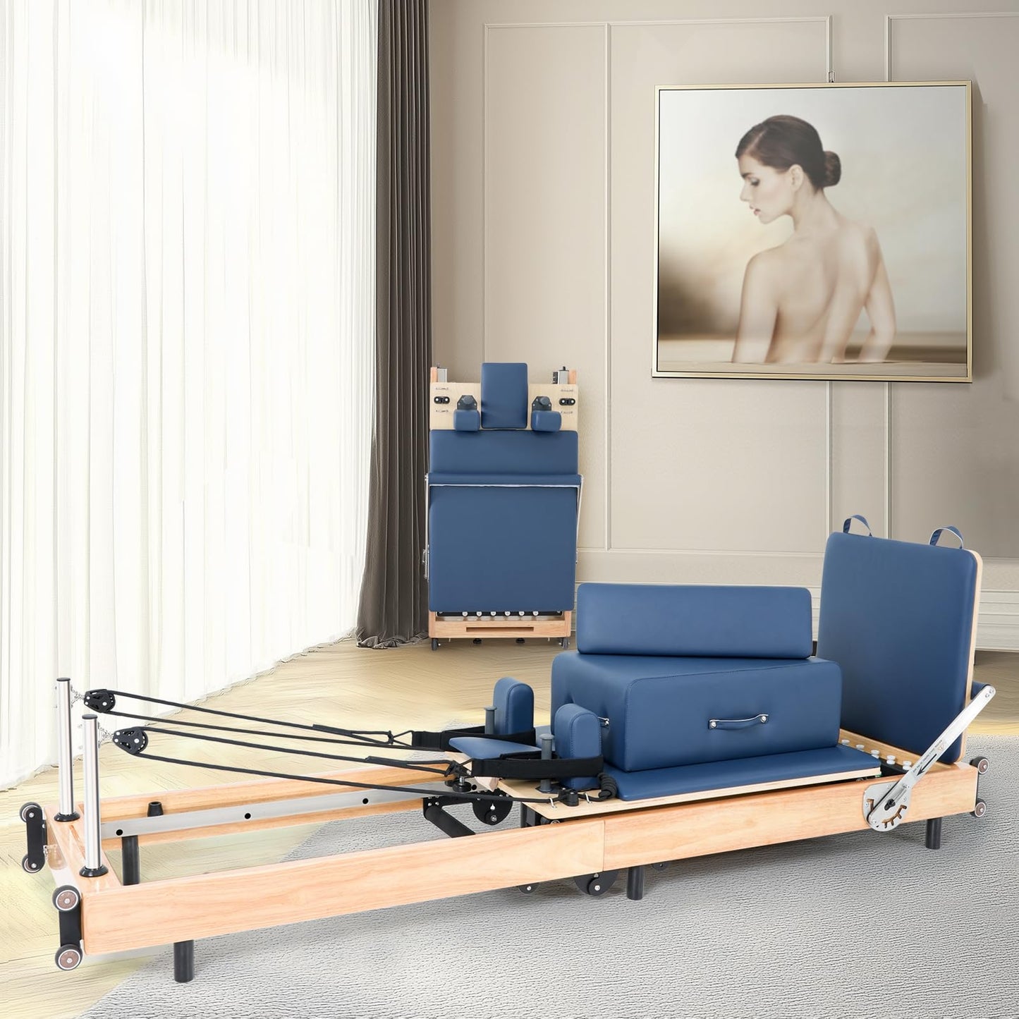 Foldable Pilates Reformer Machine, Oak Wood Pilates Equipment for Home Workouts and Studio Training, Reformer with Box, Jump Board, Foot Board and Accessories (Blue)