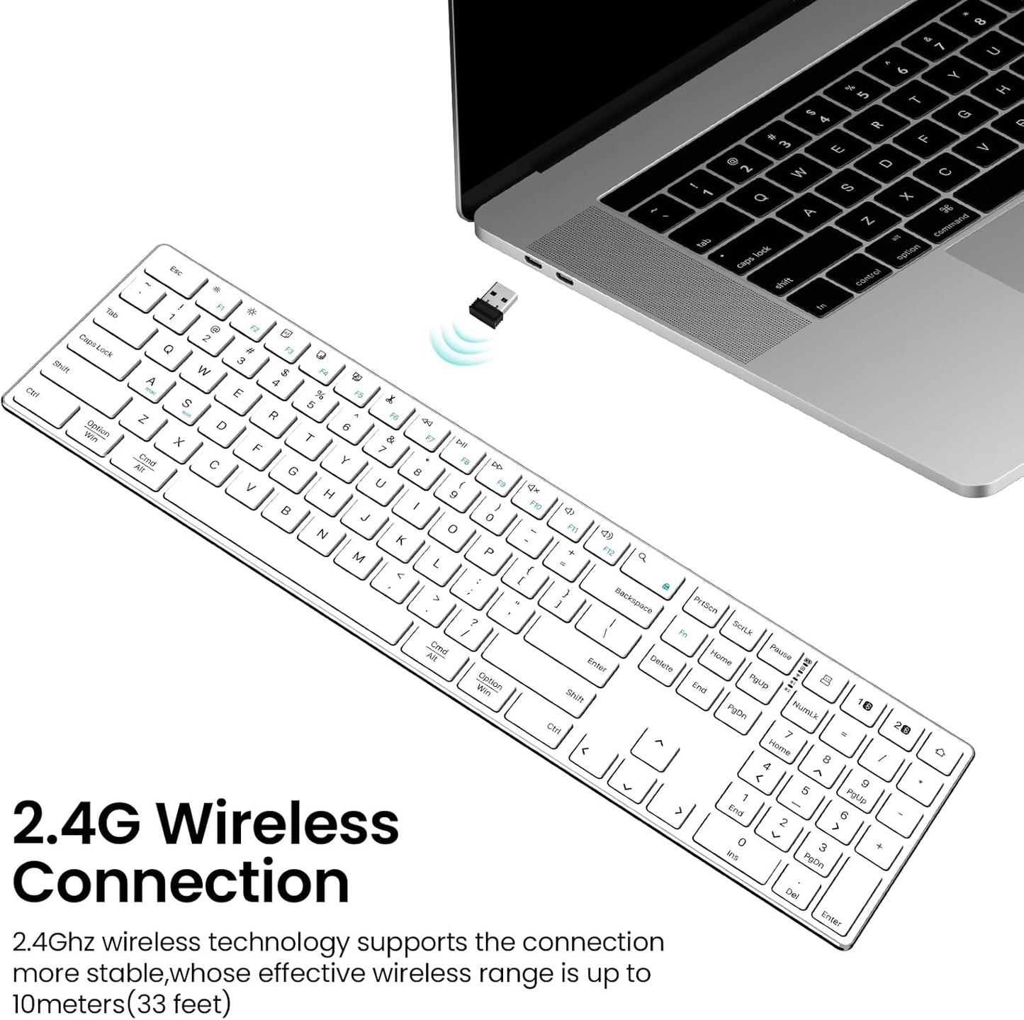 TIETI 2.4G Wireless Bluetooth Keyboard Rechargeable, Stainless Steel Ultra Slim Full Size Keyboard with Numeric Keypad