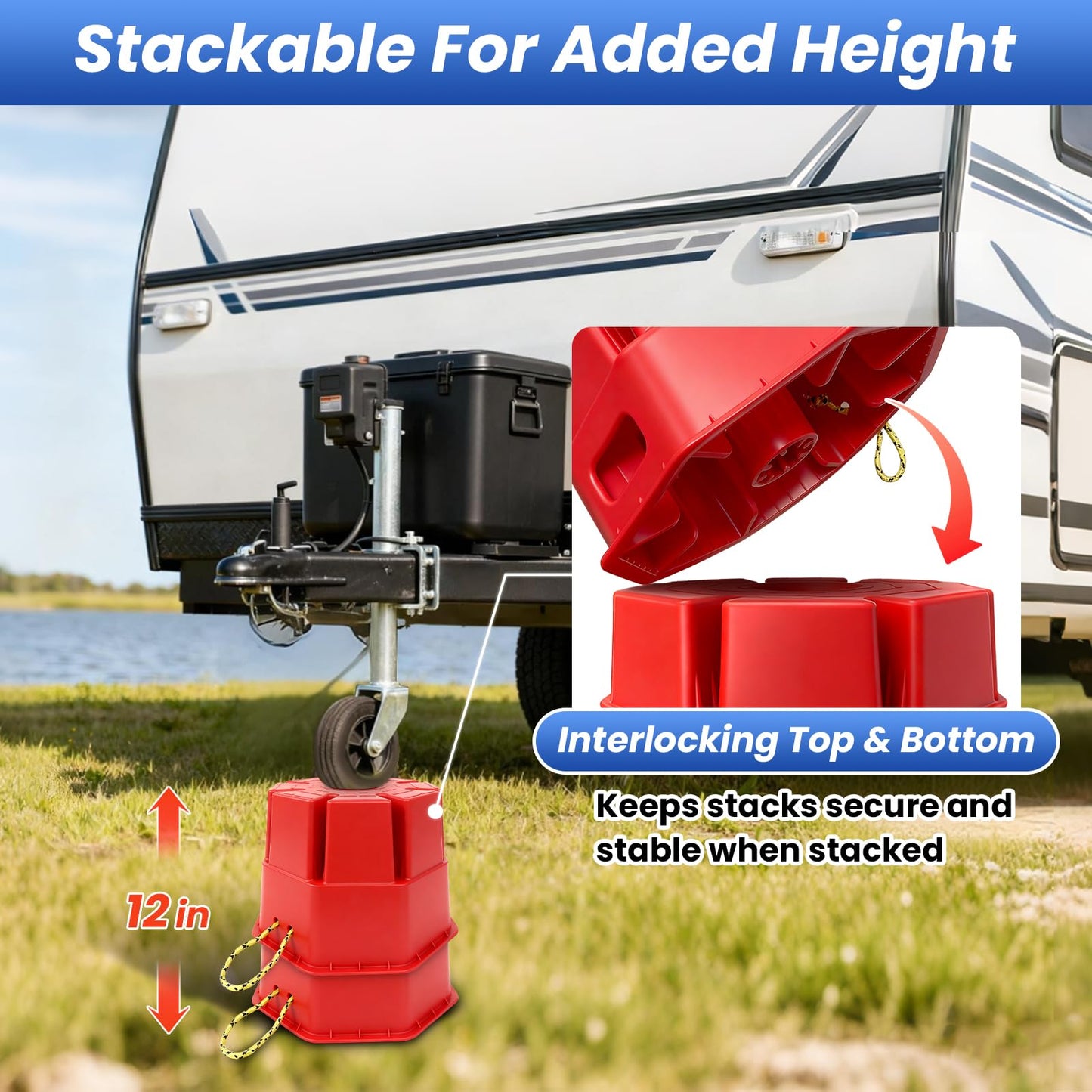 ROBLOCK 8"H Trailer Jack Block 4 Pack with Bag Rope, Heavy Duty RV Stabilizer Blocks for Any Tongue Jack, Post, Foot, 5th Wheels, Round, Square or Scissor Stabilizer, RV Essentials for Travel Trailers