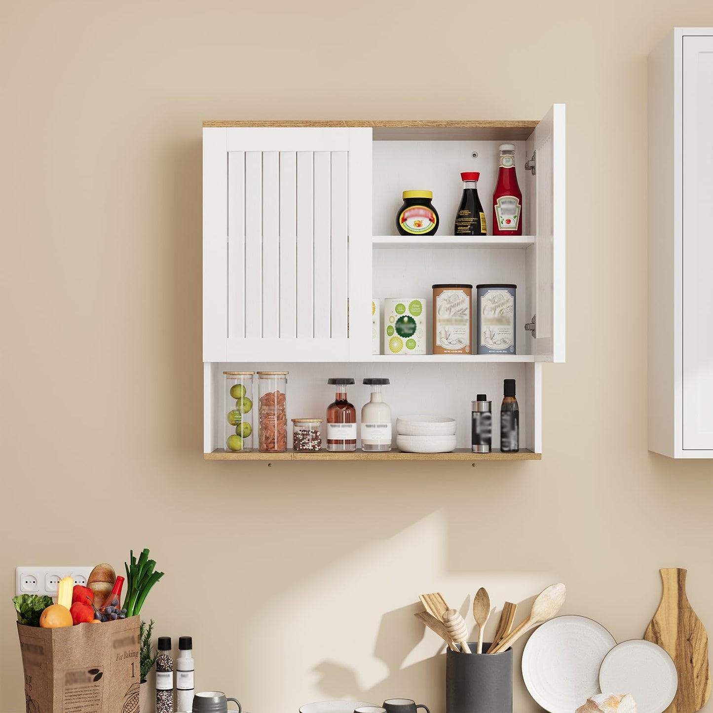 Kiasthome Bathroom Wall Cabinet, Medicine Cabinet with Louvered Doors & Adjustable Shelf, Over The Toilet Storage Cabinet for Laundry Room & Kitchen & Living Room