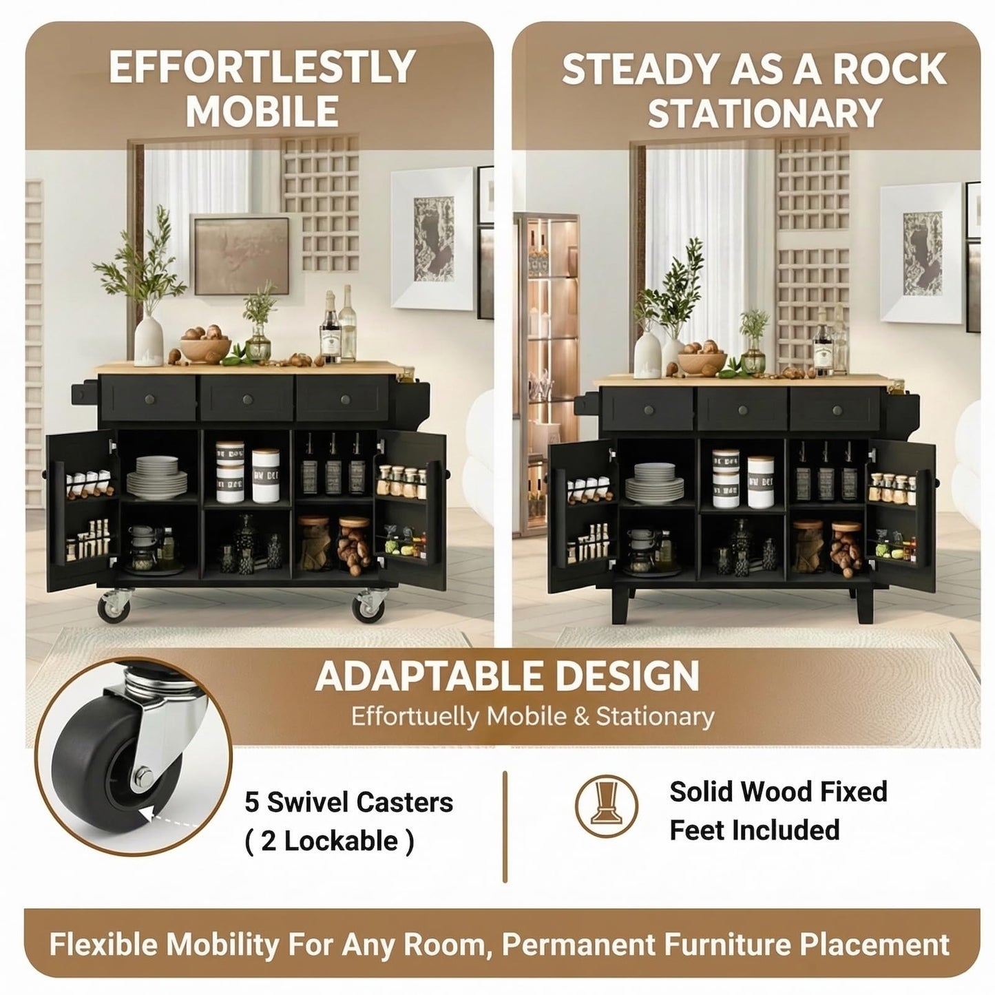 Waully 53'' Mobile Kitchen Island with Seating, Rolling Kitchen Island with Storage and Drop Leaf, 3 Drawers Islands Cart Rubberwood Top, 2 Open Shelves, Isla para Cocina, Black + 2 StooIs