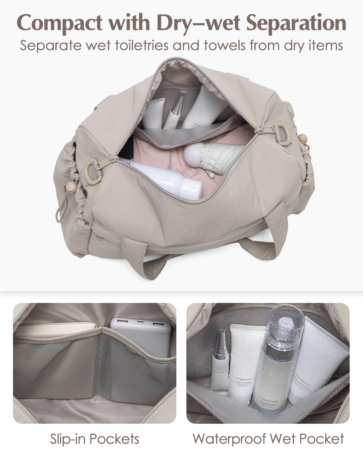 Small Gym Bag, Mini Gym Bag for Women with Yoga Mat Holder and Wet Compartment, Cute Mini Puffer Duffle Bag with Water Bottle Pocket for Workout Yoga Dance, Puffer Camel