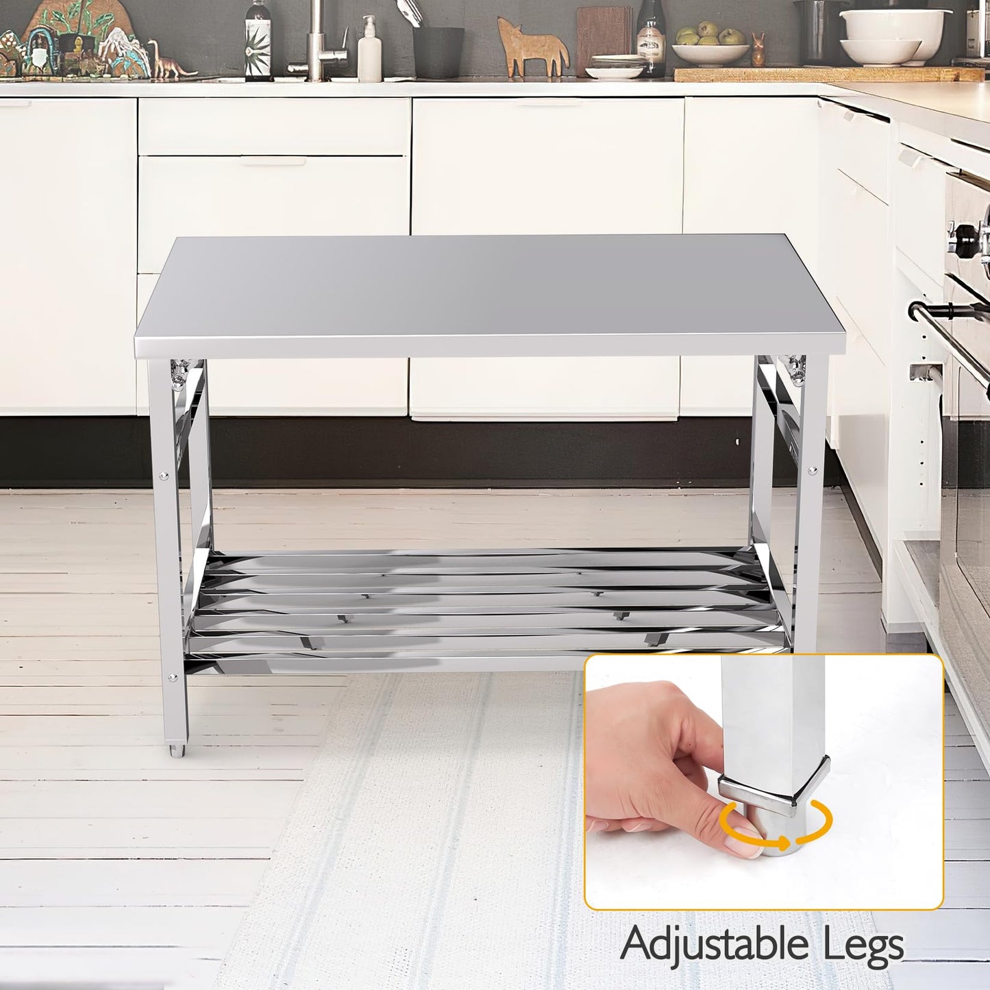 GlowSol Stainless Steel Prep Table 48 x 24 Inch, NSF Commercial Heavy Duty Stainless Steel Work Folding Table with Undershelf, Kitchen Island, Laundry Folding Table, Outdoor Cooking Table, Silver