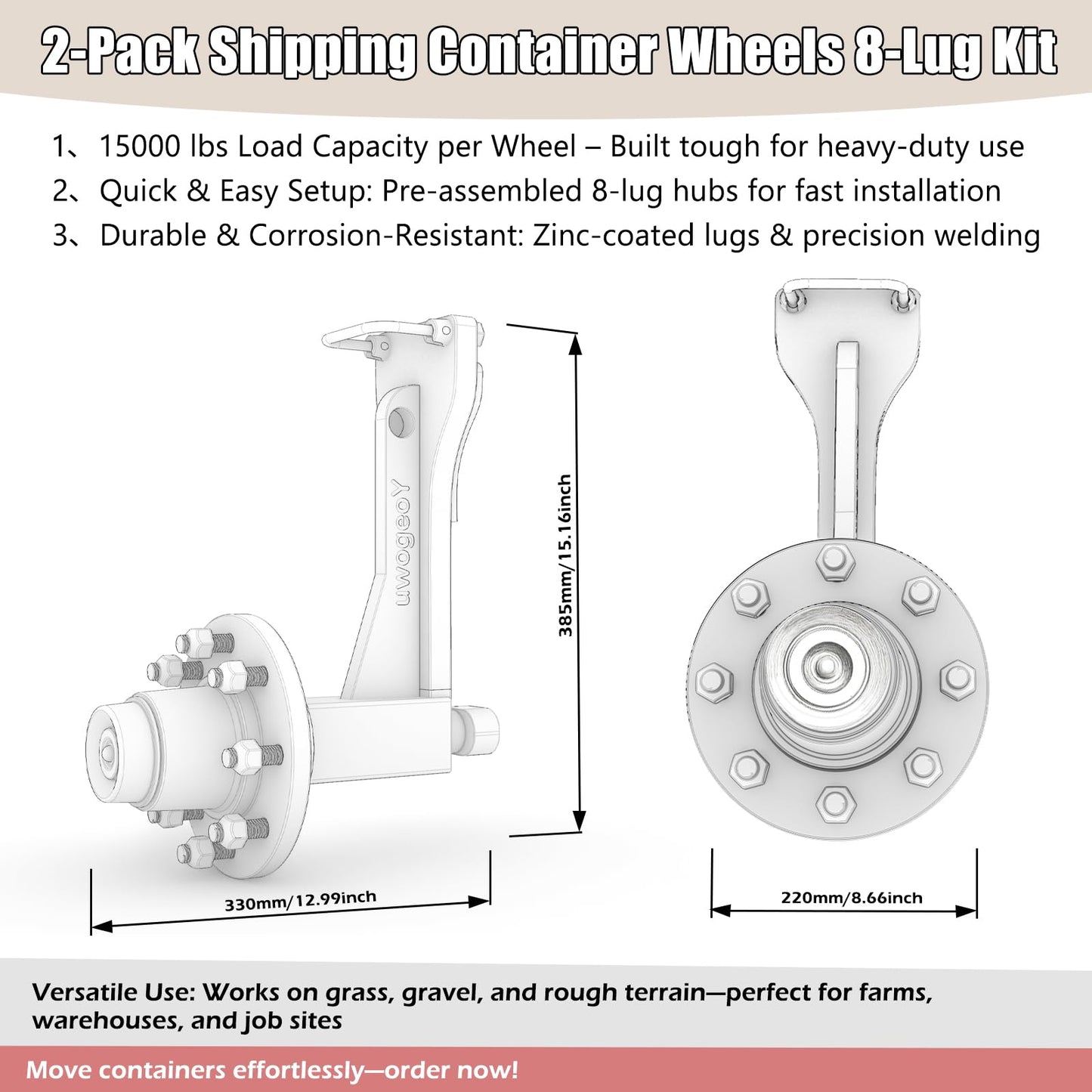 Upgrade 2-Pack Shipping Container Wheels Kit with 6/8 Lug Bolt-On Spindle,Heavy-Duty Shipping Container Axles for Up to 40ft Containers, 15000LB Capacity, Shipping Container Accessories (8-Lug)