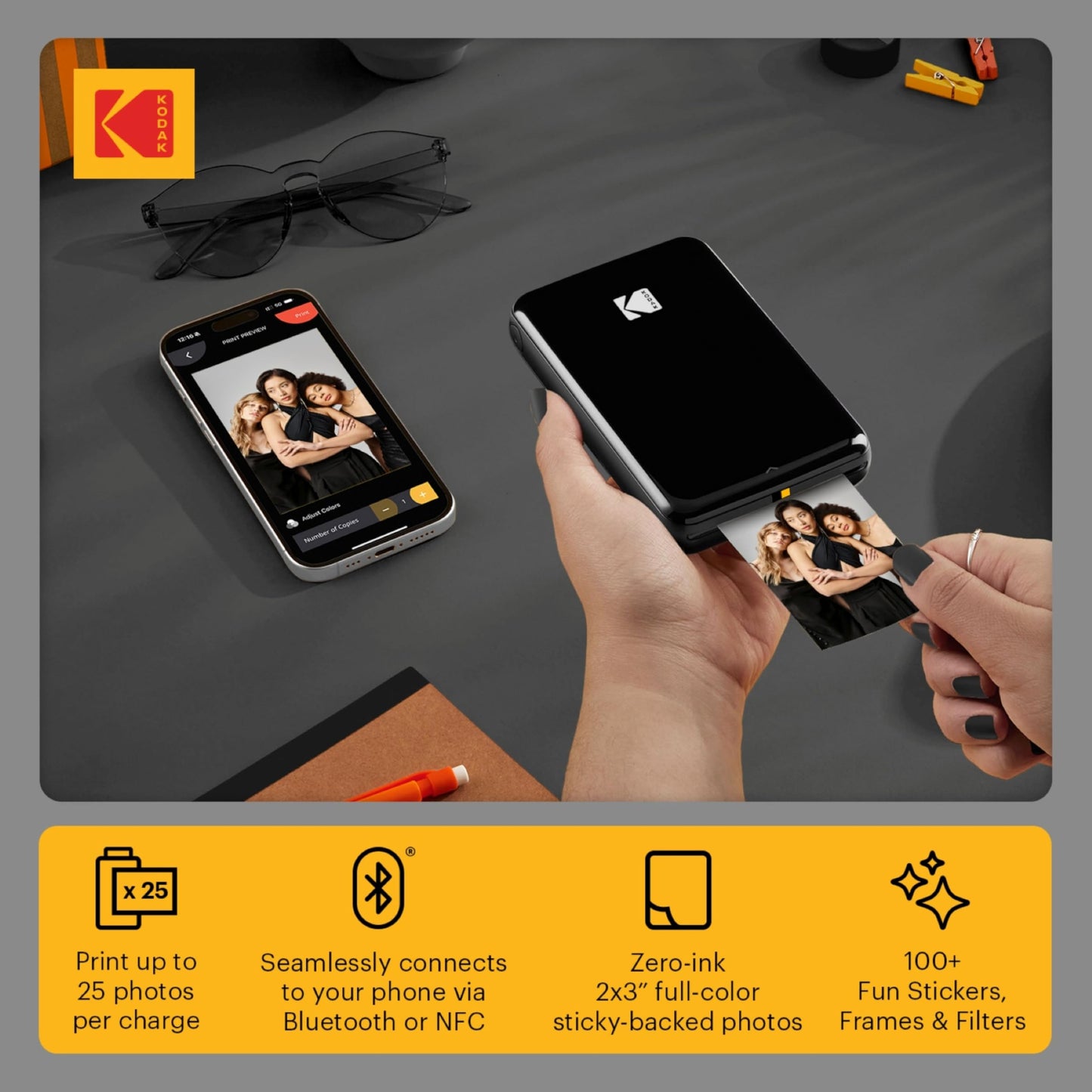 Kodak Step Printer, Wireless Mobile Photo Printer Zero Ink Technology & Kodak App for iOS & Android (Black) Gift, Starter Bundle