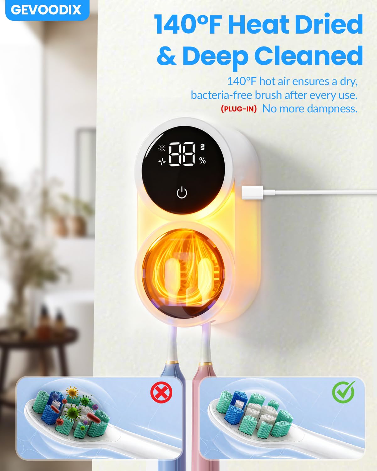Toothbrush Sanitizer Holder, GEVOODIX Tooth Brush Holder for Bathroom, Wall-Mounted Toothbrush Holders Organizer Auto-Inductive Cover, 140℉ Air Drying Fits Most Electric, Manual and Kids’ Toothbrushes