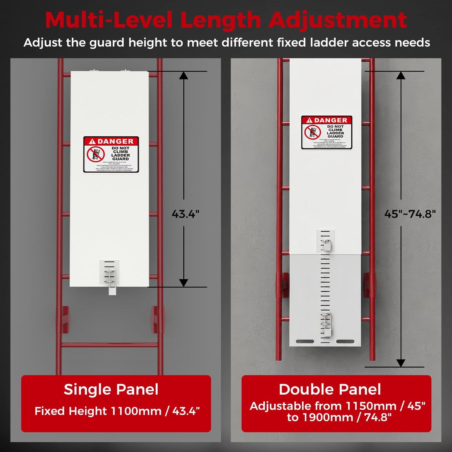 333'S Adjustable Fixed Ladder Safety Guard, Anti-Climb Ladder Guard with Adjustable Hooks and Multi-Level Length, Ladder Lockout Plate for Roof Access and Industrial Fixed Ladders, 15.7 in Wide