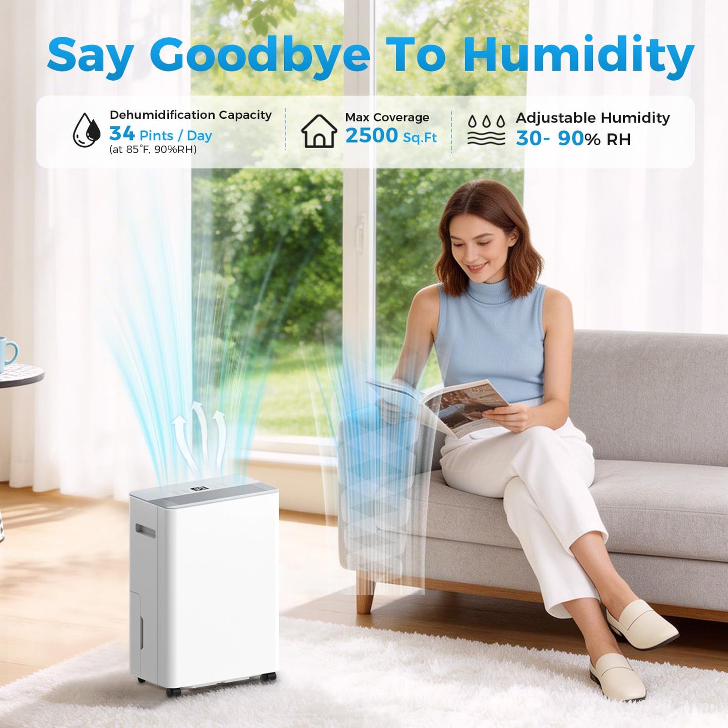 2500 sq.ft Dehumidifier for Home and Basement,Max 34 Pints Dehumidifier with Drain Hose,Ultra Quiet with Auto Defrost,Three Modes,Intelligent Dehumidifier for Bedroom,Bathroom,Large Room(Cream)
