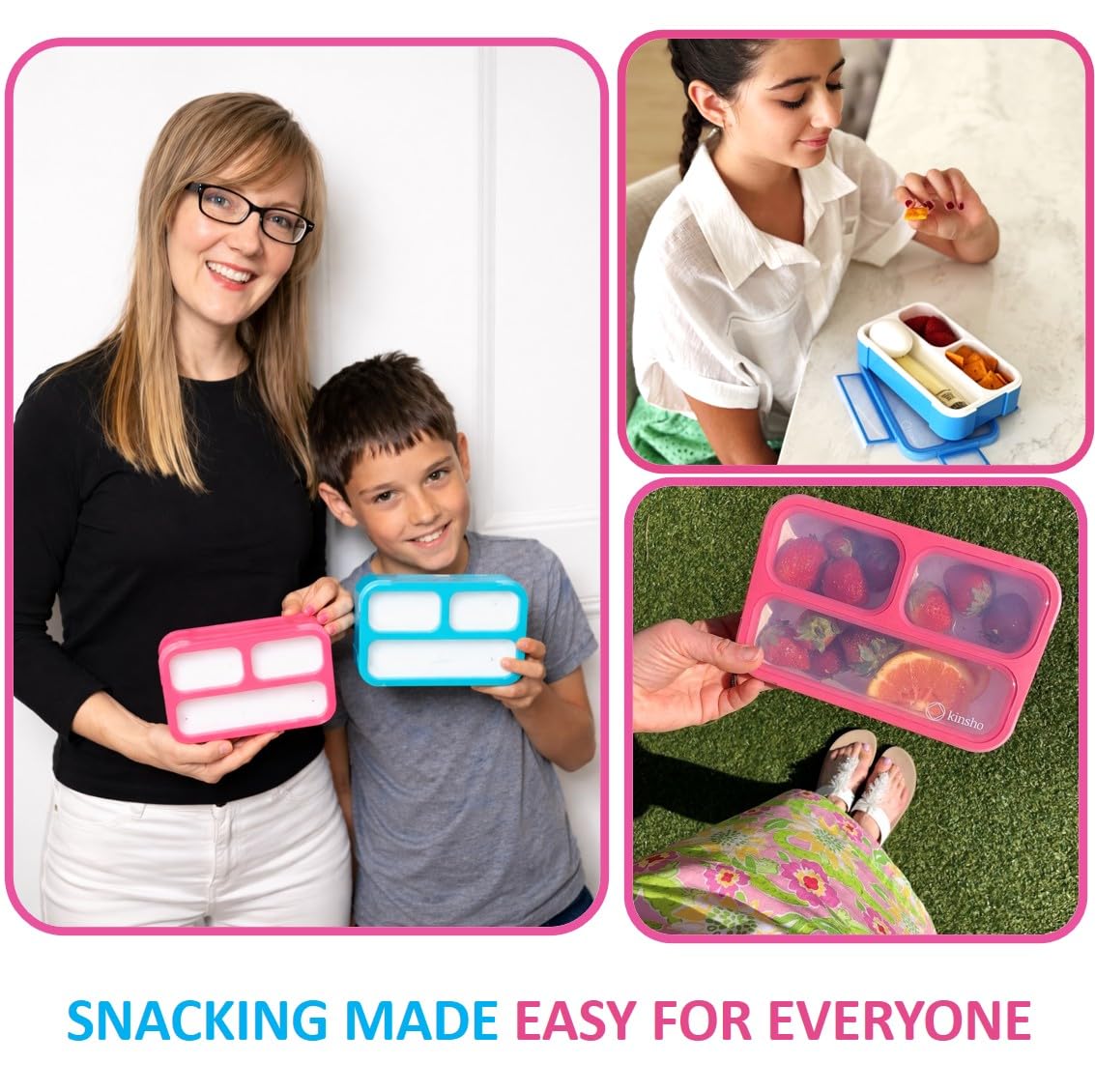 Small Snack Containers for Kids Toddlers - 3 Compartments (Set of 2) - Leak-Proof Reusable Boxes with Lids -BPA-Free Plastic Mini Bento Lunch Box - Ideal for School, Daycare - Holds 2 Cups (Pink+Blue)
