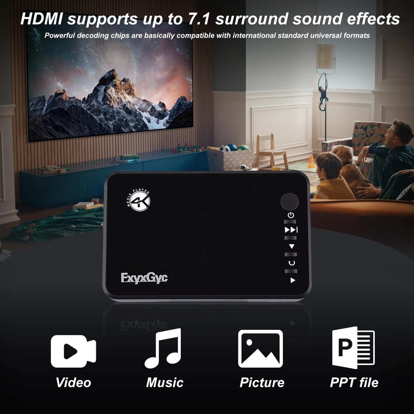 FxyxGyc 4K 4K@30Hz Output,H.265/H.264/AVC MP4/MKV/MP3/AVI/TS/Rmvb/Mov/ISO/JPG HDMI Media Player, Ultra HD Digital Media