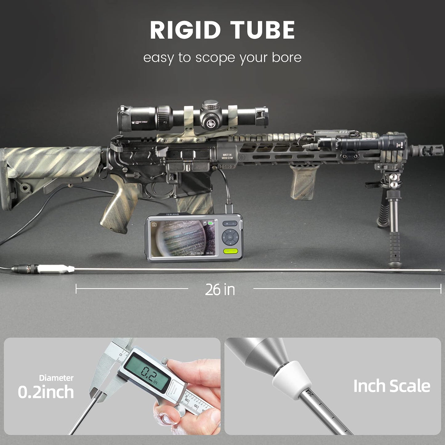Teslong Rigid Rifle Borescope with 5" Monitor, Bore Inspection Camera Visual Gun Cleaning System-Fits .20 Caliber & Larger-w/26-inch Long Insertion Tube, 5-inch IPS Screen, Right Angle Mirror