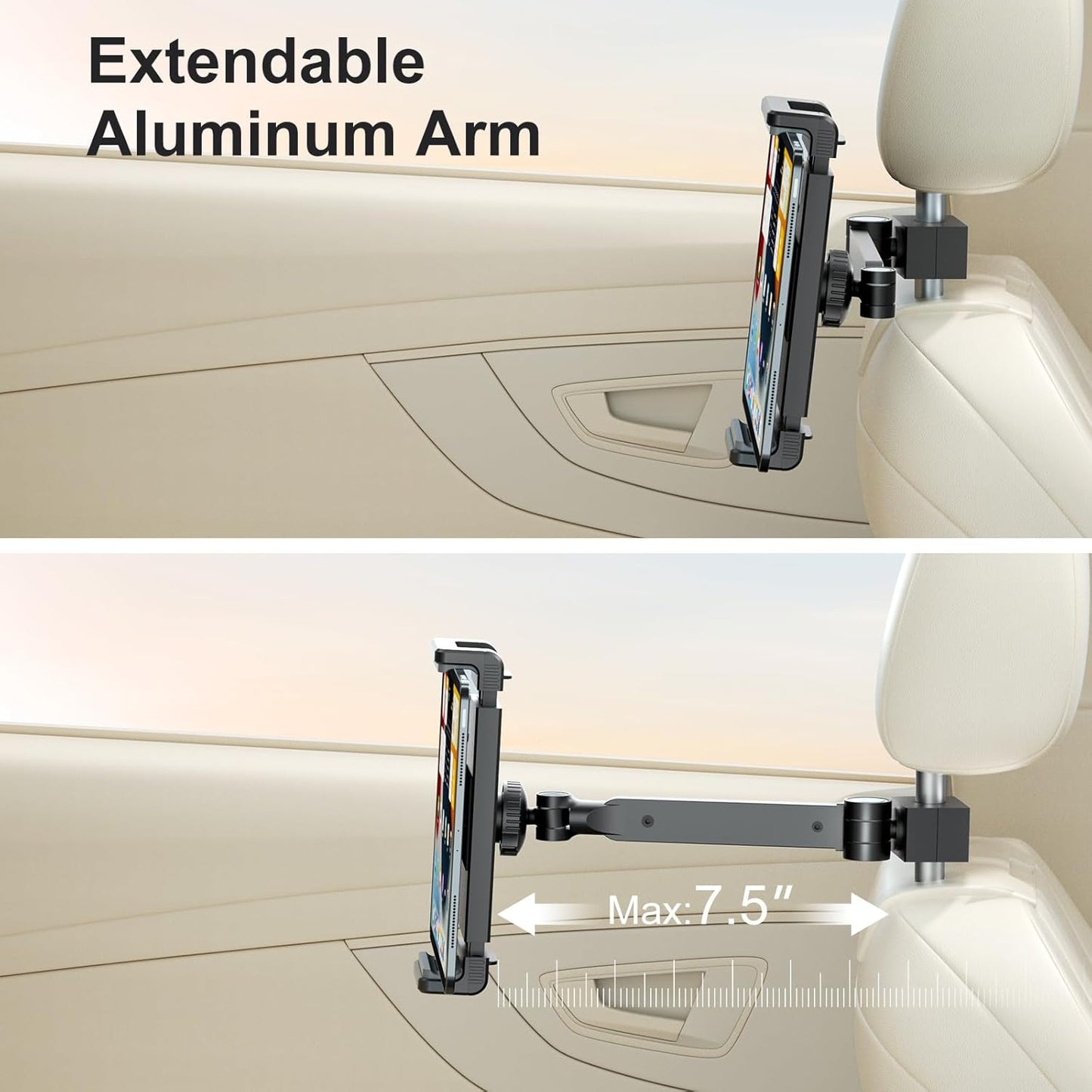 UPERGO Headrest Car Tablet Holder - [Long Aluminum Extension Arm] [Ultra-Compact] Foldable iPad Holder for Car