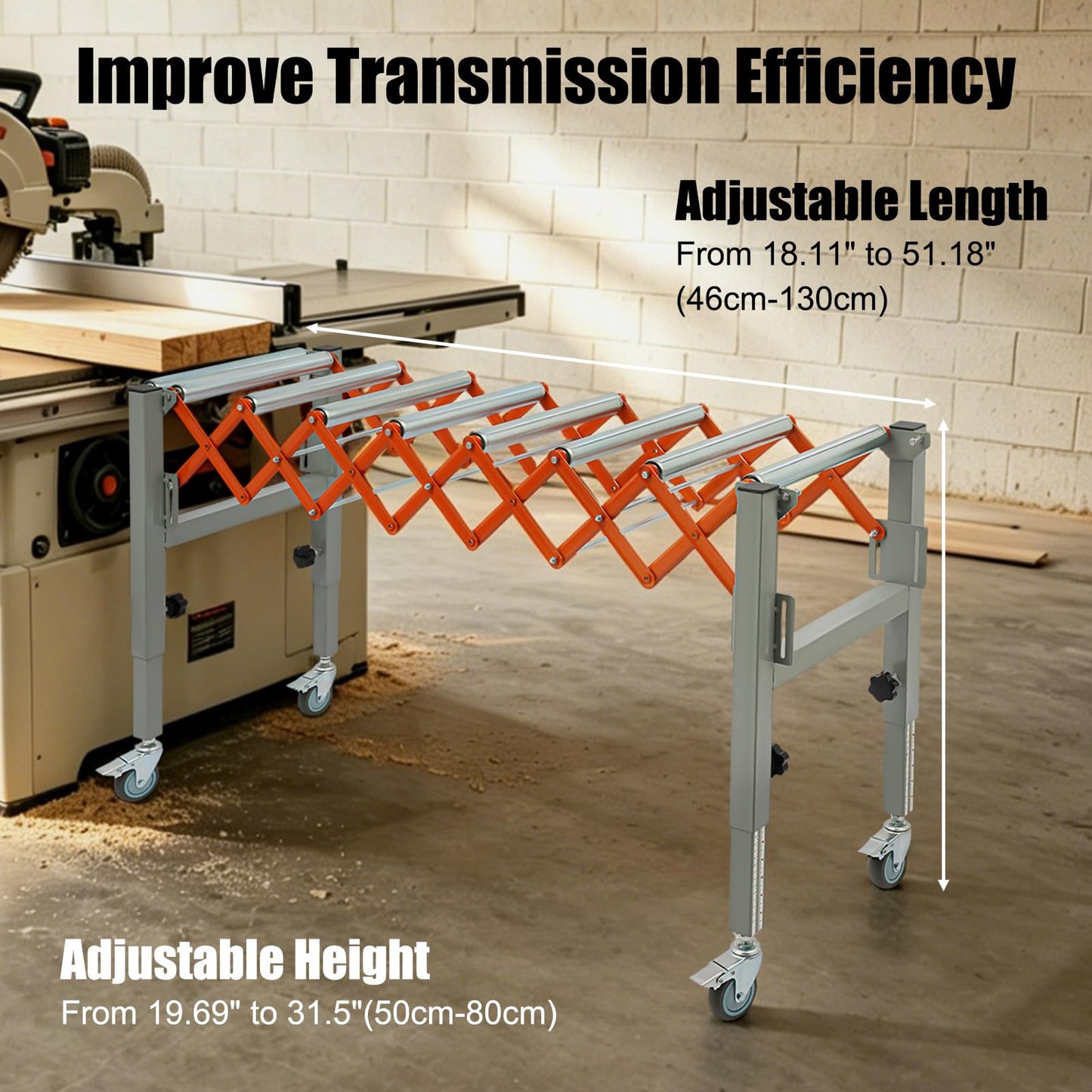 Conveyor Roller Table Adjustable Conveyor Roller Stands with Universal Wheels for Transporting Construction Materials Wood Goods, 110lbs Loading, Adjustable Length and Height