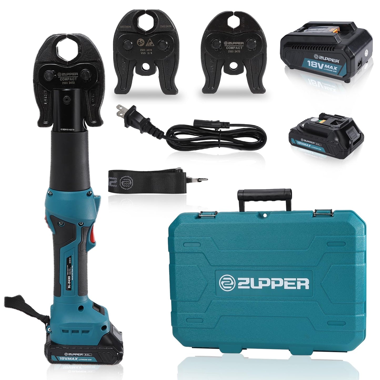 ZUPPER Press Tool Kit,18V Electric Pipe Crimping Tool for 1/2"to 1" Copper Pipes Compact Press Tool Kit Compatible with Propress Brushless Motor 2pcs 2Ah Battery