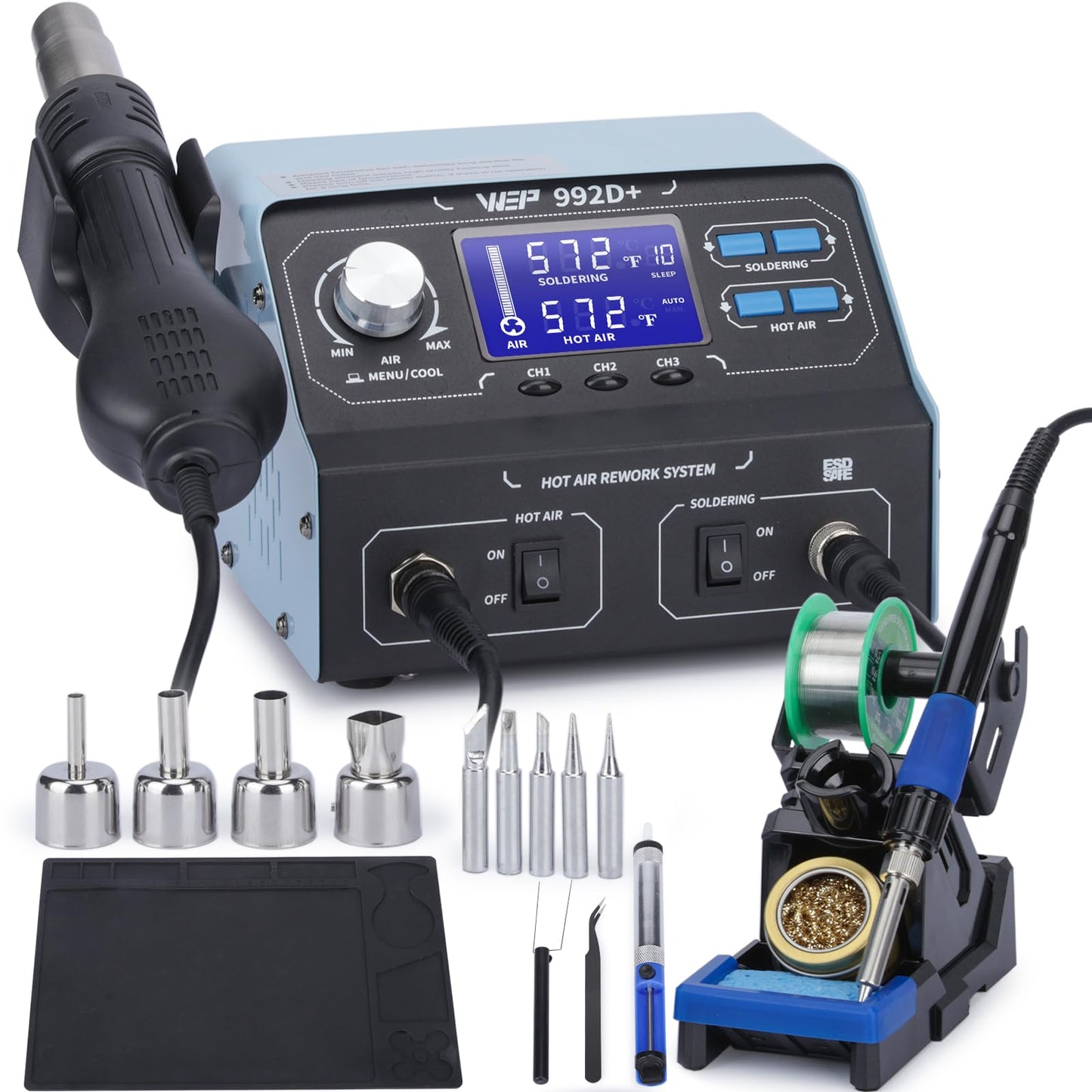 WEP 992D+ 2-in-1 Soldering Iron Kit and Hot Air Rework Station with 3 Preset Channels, LCD Display, Interchangeable Handles, Sleep Mode, X-2 Iron Holder, 5 Iron Tips, Desoldering Pump and Tweezers