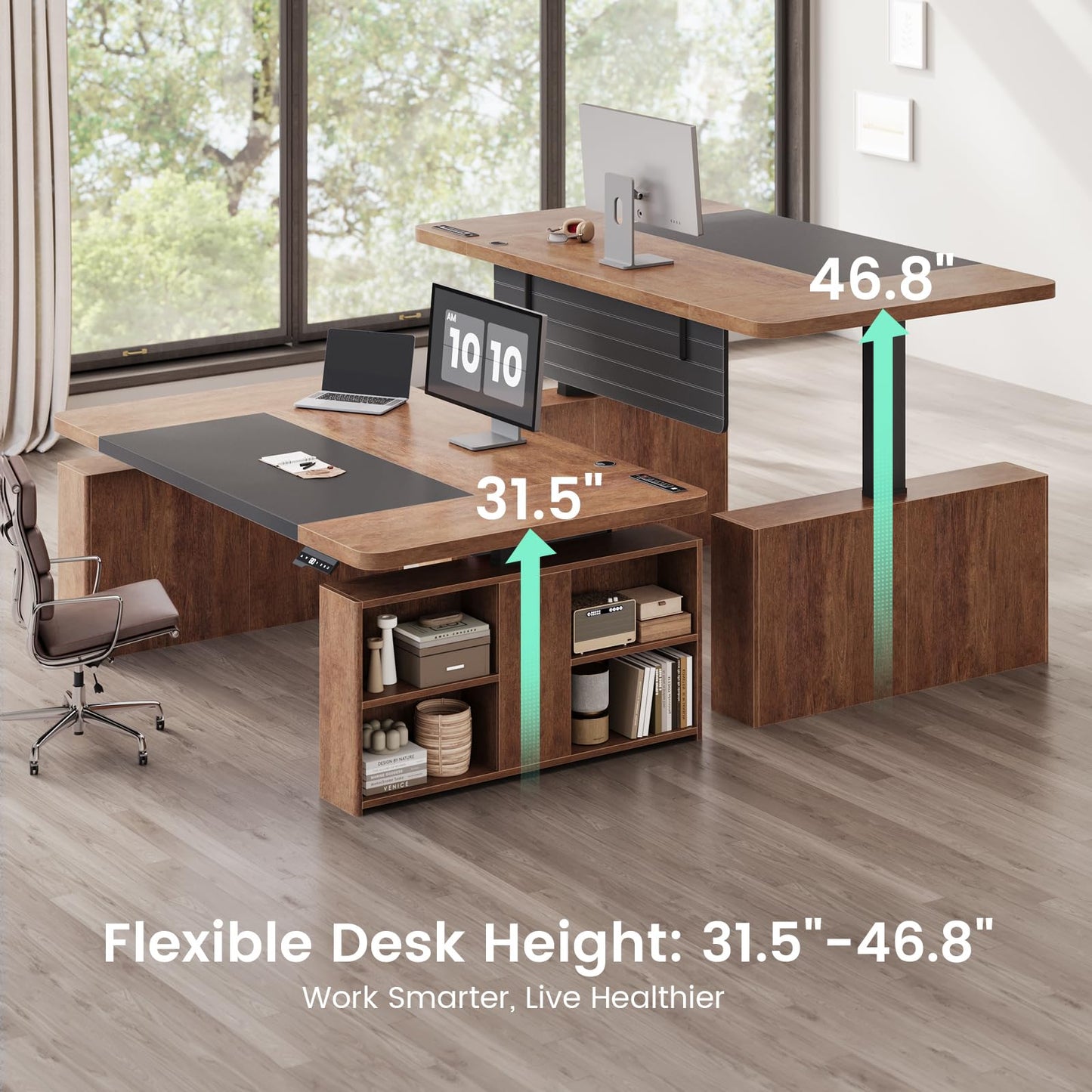 SEDETA 63" Executive Standing Desk with Storage, Executive Height Adjustable Desk with Power Outlets, Large Computer Office Desk with Privacy Panel for Home Office, Warm Golden Brown
