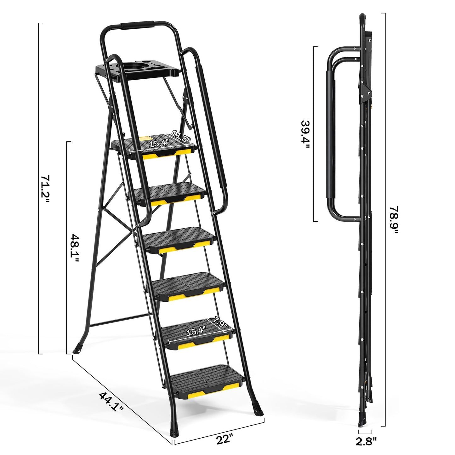KINGRACK Step Ladder, Sturdy Steel Step Stool with Anti-Slip Wide Pedals, Handrail, Safe-Lock Design, 800lbs Folding Portable Ladder for Multi-Purpose, Home, Kitchen (6-Step with Tool Platform)