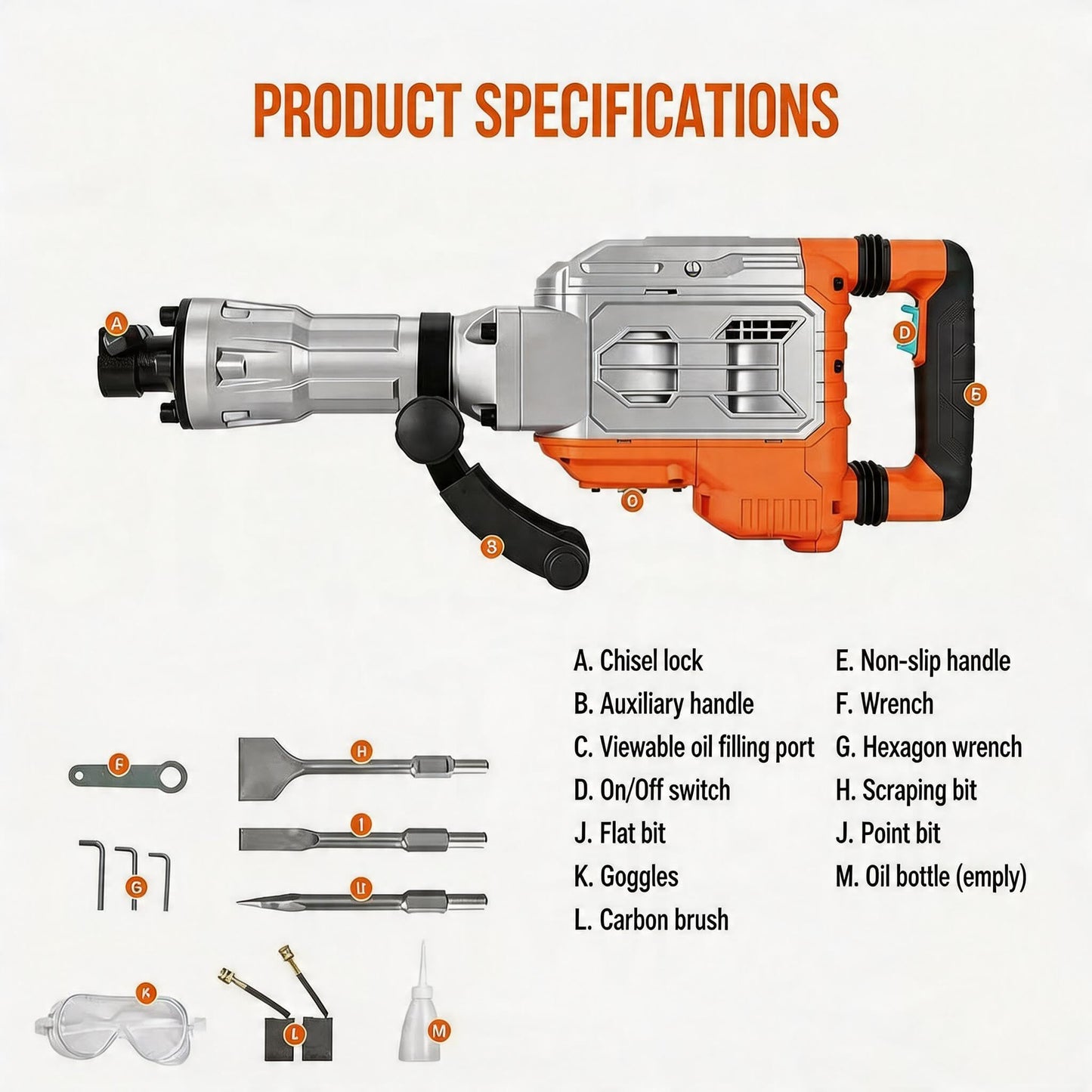 1700W Electric Demolition Jack-Hammer, 1900 BPM Heavy Duty Jack-Hammer Concrete Breaker with 60J Impact Energy & Anti-Vibration System, 360° Handle & Carrying Case, 3pcs Chisels