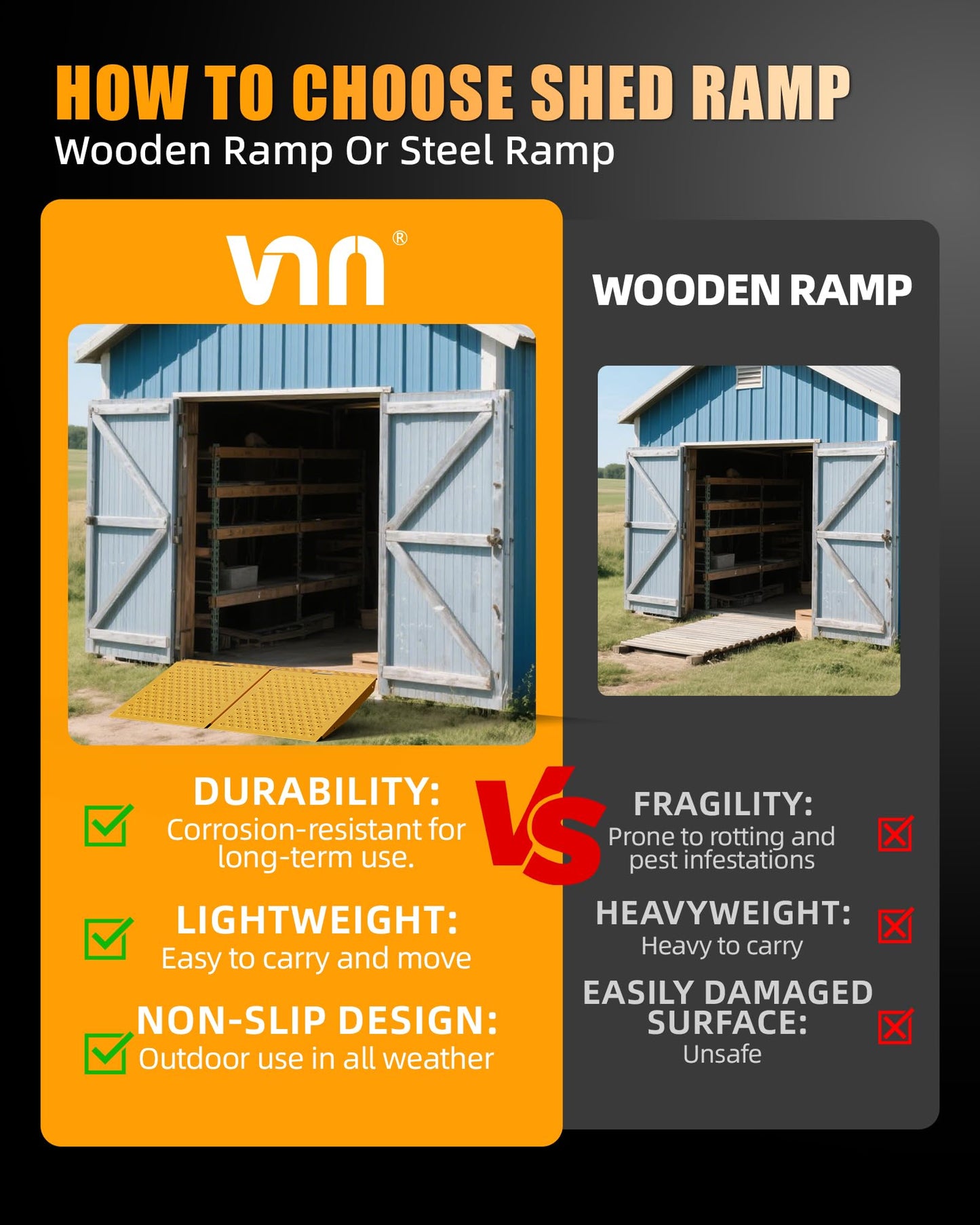 VNN 29" x 24" Shed Ramp for Riding Mower - 750 LB Capacity Shed Ramps, Anti-Slip Punch Plate Ramp for ATV, Motorcycles, Garages & Barns (1PC, Yellow, Alloy)