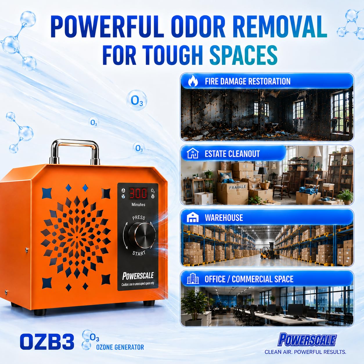 Powerscale OZB3 Industrial Ozone Generator 250,000mg/h for Fire/Smoke Damage, Pet Urine Odor, Large Homes, Restoration & Commercial — Ozone Machine Odor Eliminator, Orange
