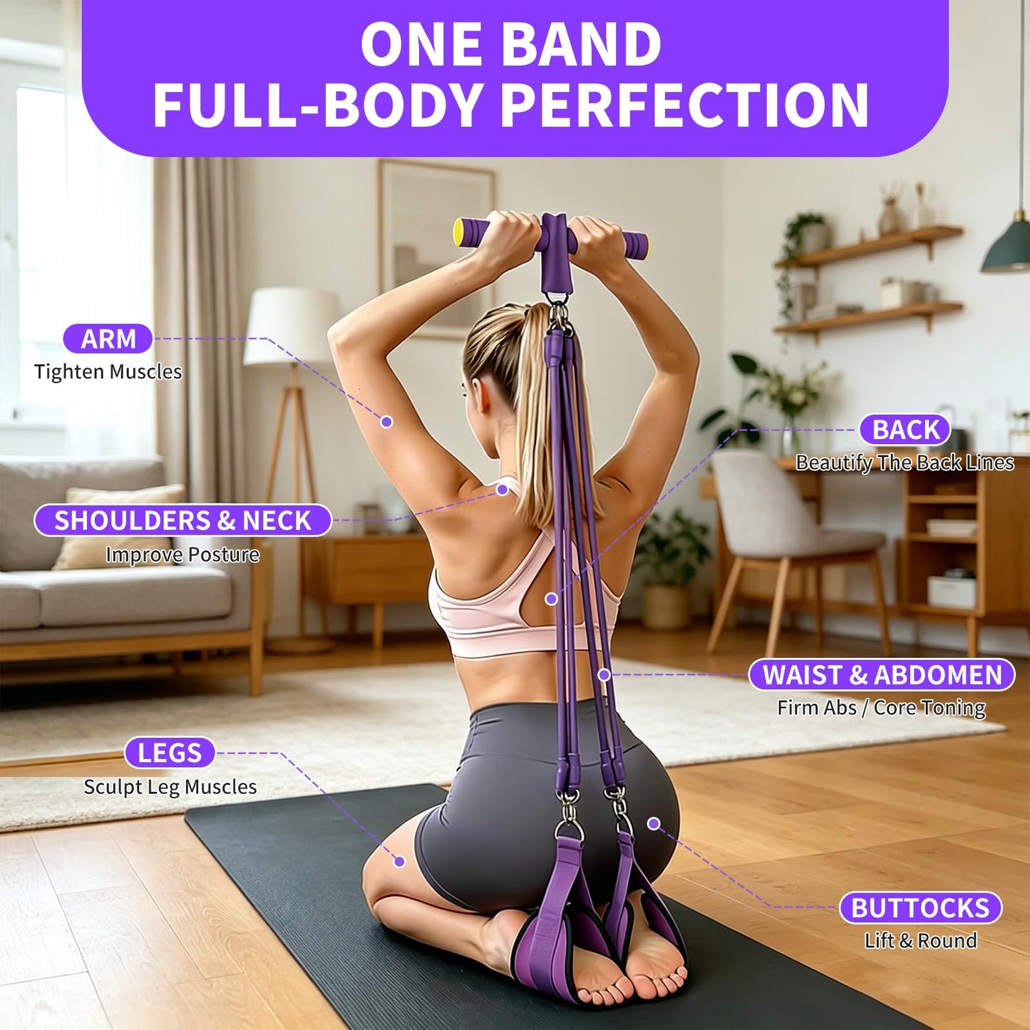 Pedal Resistance Band with Handle - 8-Tube Adjustable (20-80LBS) for Full Body Workout, Home Gym, Yoga & Strength Training Non-Slip Grips & Foot Pedal (Purple)