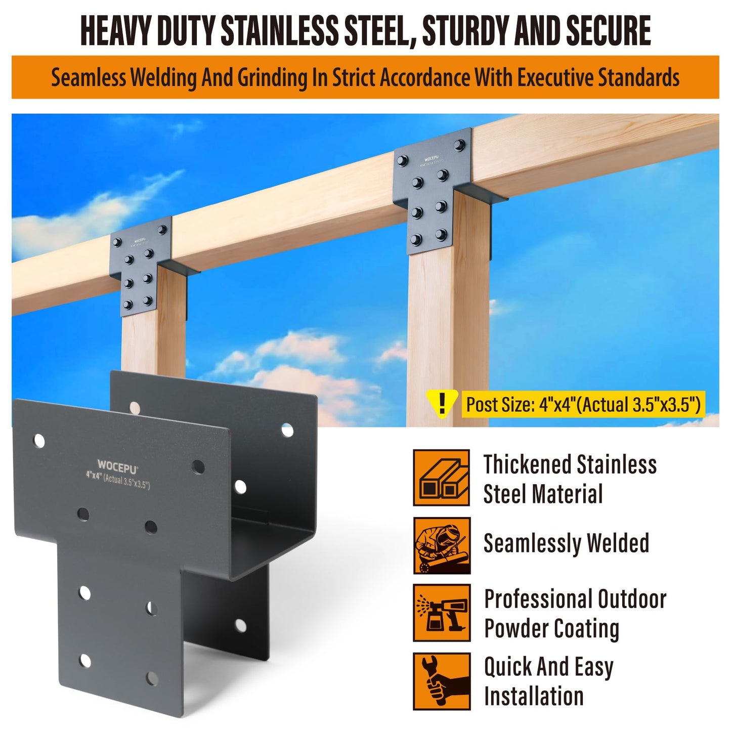 Wocepu 2 Pack Heavy Duty 4x4 (Actual 3.5"x3.5") Stainless Steel Post Caps Tie Bracket, Fit Connecting Wood Gazebo, Deck Patio Post and Wood Beams Bracket (Dark Ggray)