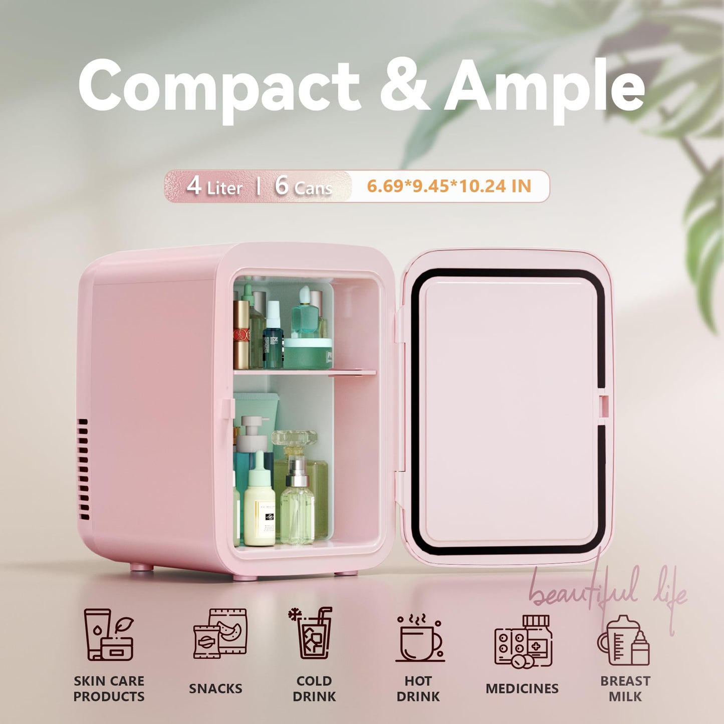 EUHOMY Mini Fridge, 4 Liter/6 Cans AC/DC Small Refrigerator for Skincare, Portable Cooler and Warmer for Skin Care, Cosmetics, Beverage, 4L Makeup Mini Fridge for Bedroom, Car, Office, Dorm, Pink
