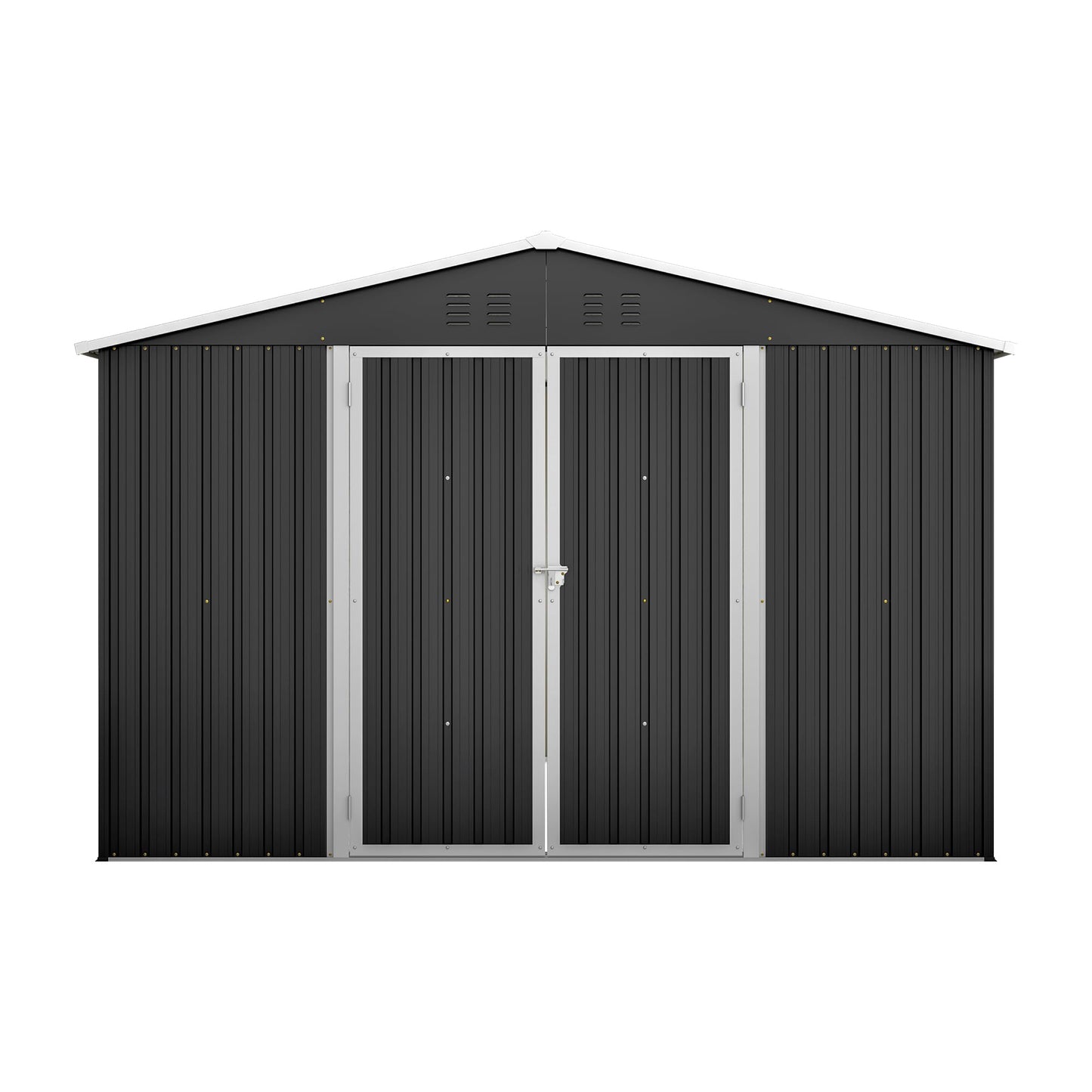 10'x10' Galvanized Steel Storage Shed with 4 Top Air Vents, Lockable Double French Door Large Garden Tool Shed, Black
