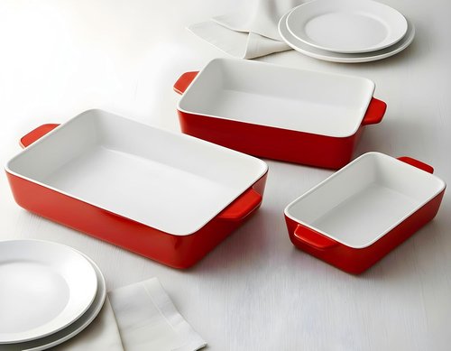 Kook Ceramic Bakeware Set - Versatile Rectangular Dishes for Casseroles & Lasagna | 3-Piece Set in Cherry