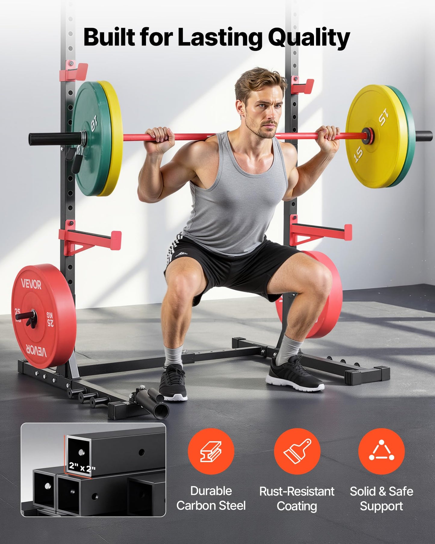 VEVOR Power Cage Rack, Multifunctional Squat Rack for Home Gym, Width-Adjustable Workout Strength Training Equipment with 6 Band Pegs, Landmine Attachment & Safety Bars for Bench Press Squats Pull-Up