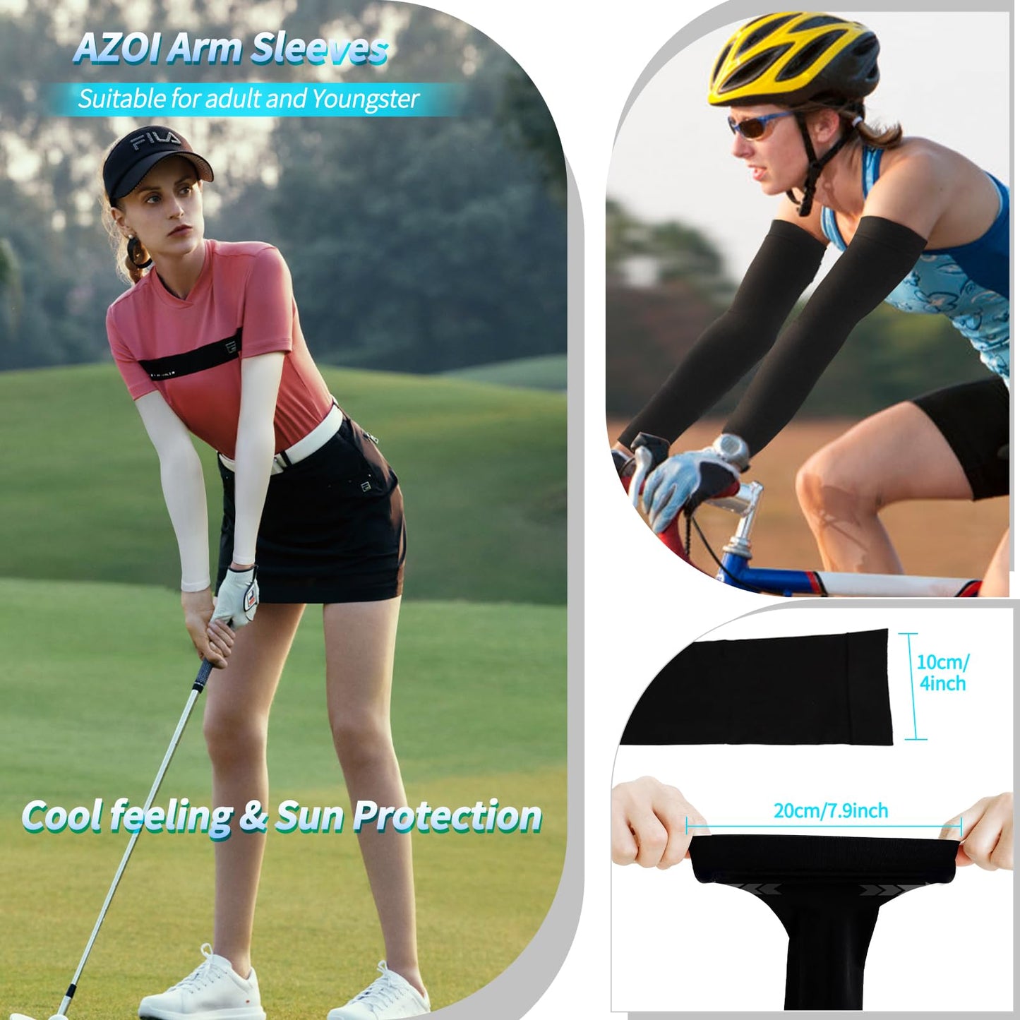 AZOI Arm Sleeves for Men Women – Cooling UV Sun Protection UPF 50+ Compression Sports Sleeves for Outdoor, Tattoo Cover Up （2 pairs）