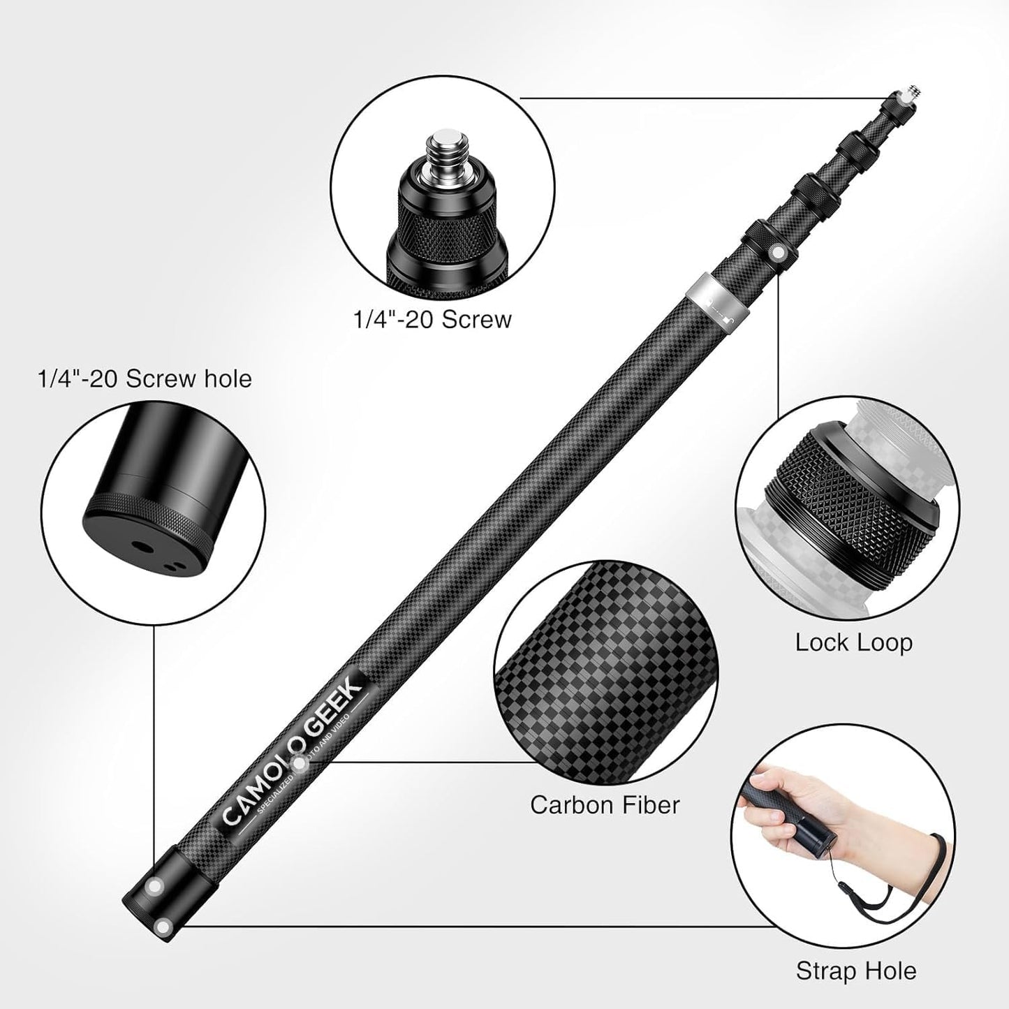 CAMOLO GEEK 118"/3.0m 9.8ft Insta360 X5 X4 X3 X2, 3S 3 2 360 (17 118") Invisible Selfie Stick Carbon Fiber, Extended