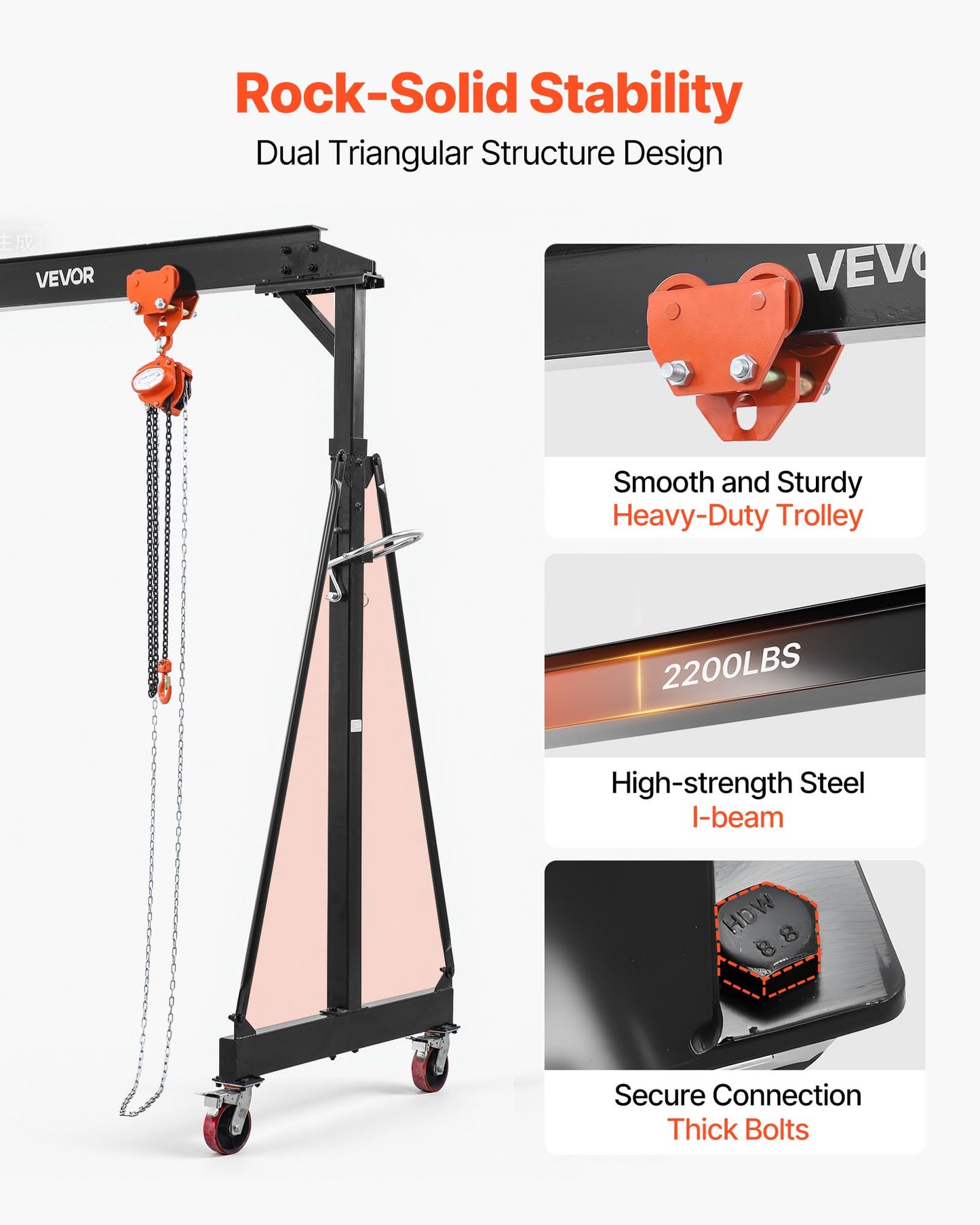 VEVOR Adjustable Gantry Crane, 4400 lbs Capacity, Portable Shop Lift Hoist with 99.6-146.9 in Height Adjustable, Manual Trolley, Hoist, Sling, Shackles, Hooks, for Garage Factory Warehouse Auto Repair