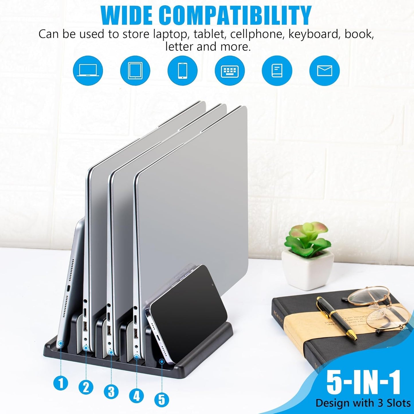 Ryvlan 3 17 Inches Vertical Laptop Stand, Slot Adjustable Laptop Storage Rack and Desk Organizer, Silicone-Padded