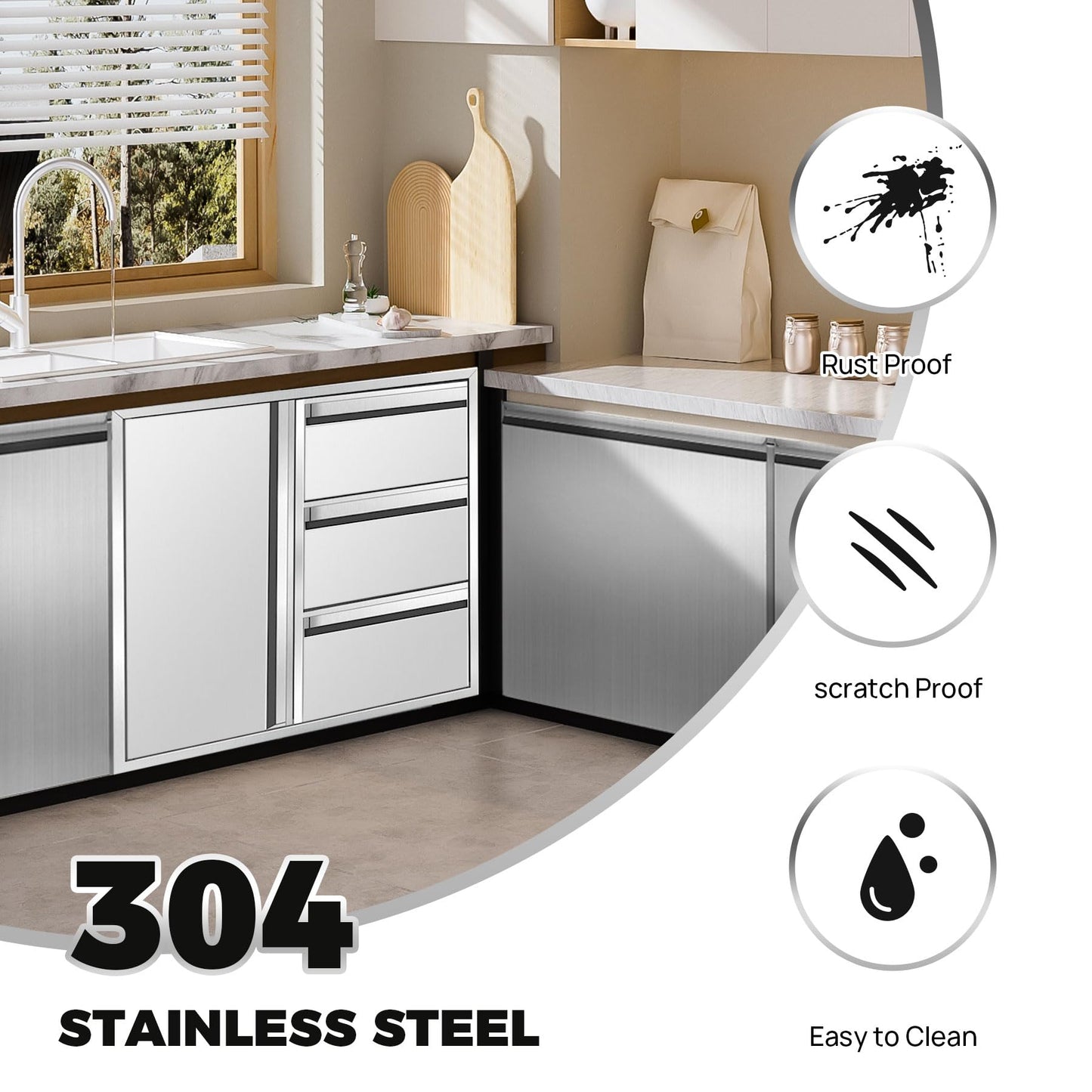 POPMOON 304 Stainless Steel Outdoor Kitchen Drawer Combo-28''W x 22''H x 19.5''D, Triple Storage Drawers & Access Door, Brushed Finish for BBQ Island