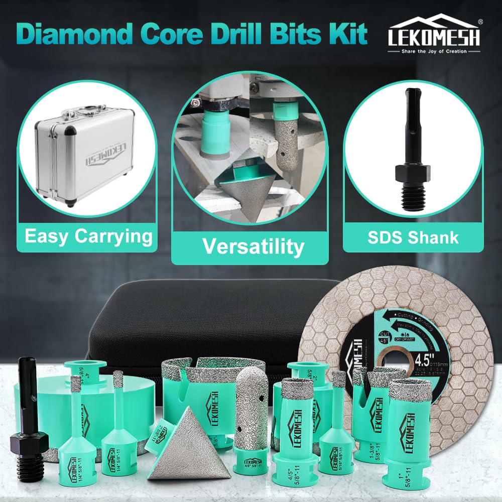 LEKOMESH Tile Hole Saw Kit for Porcelain -(6/6/8/20/25/35/50/75/100mm+Finger Bit+Chamfer Bit+Adapter+Tile Blade) Diamond Tile Drill Bits Precision Cutting for Ceramic Marble Brick Granite