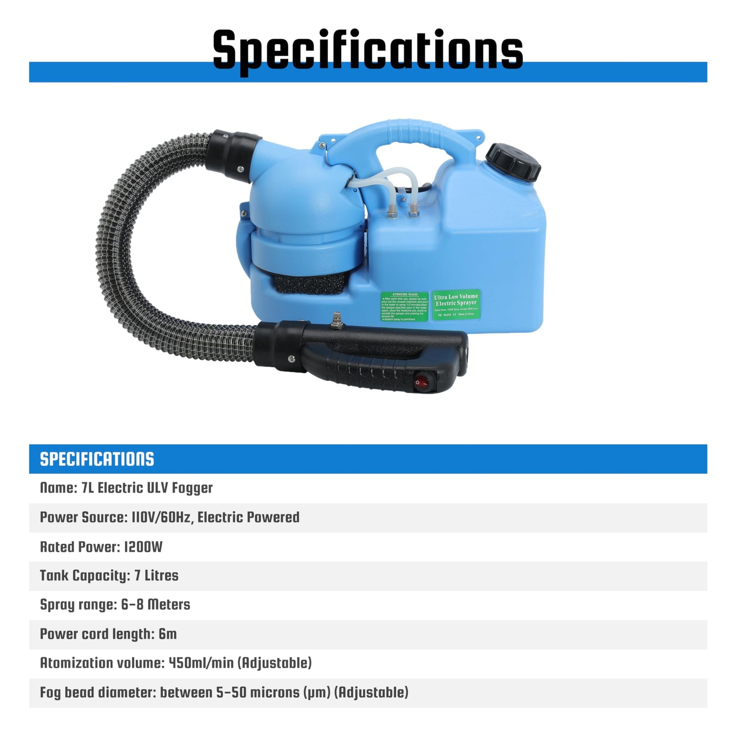 7L (1.85 Gallon) Electric ULV Fogger Machine, Portable Fogger Sprayer Machine Electric Atomizer Ultra Low Volume Sprayer for Home Indoor and Outdoor Spraying Use, 1 Pack