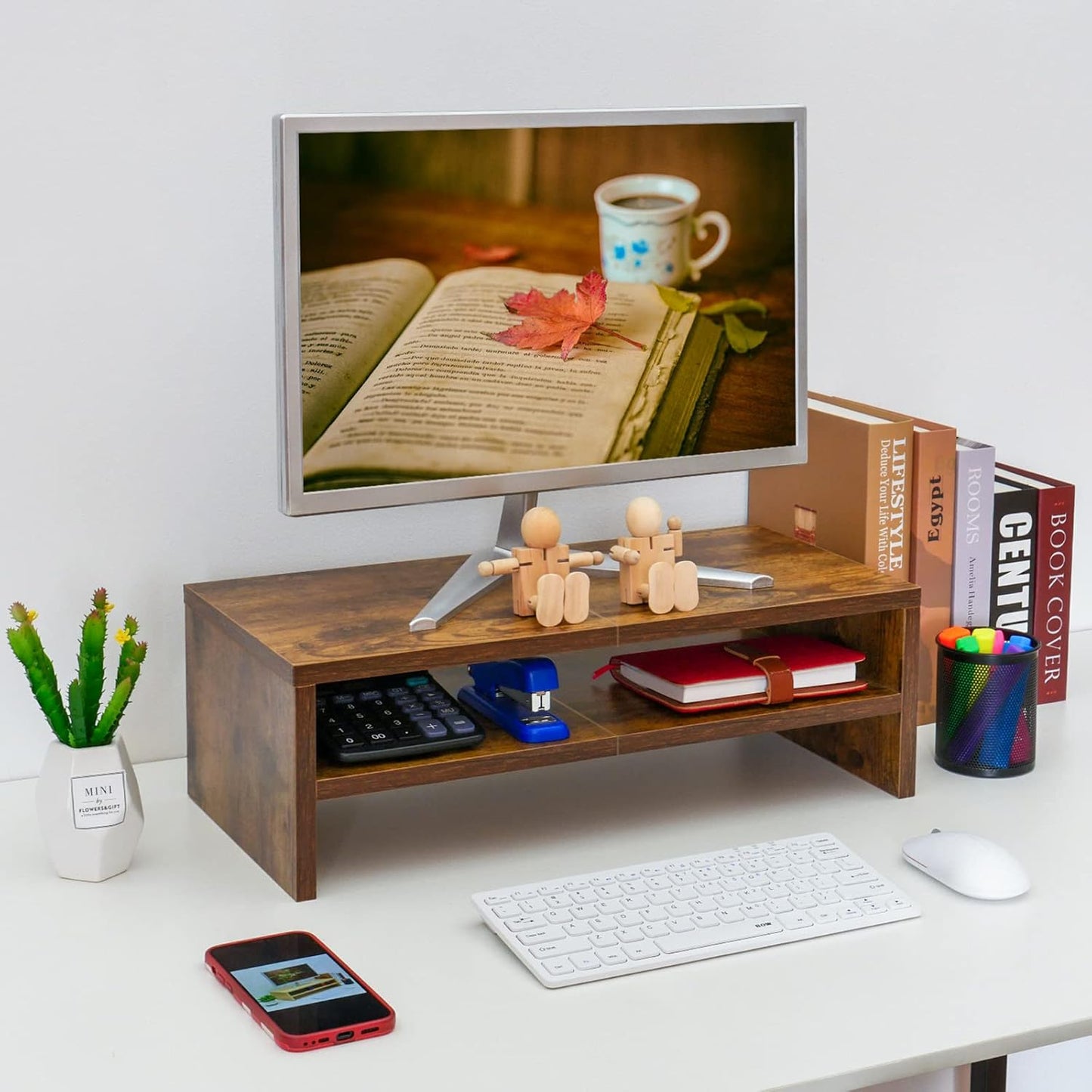 2 TEAMIX Tier Wooden Monitor Riser Stand, Desktop Stand with storage for Laptop/PC/Printer/Keyboard, TV Stand Shelf
