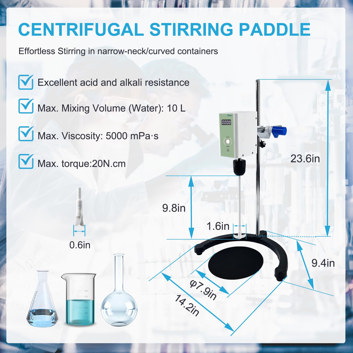 Digital Lab Overhead Stirrer,Speed 100-2000rpm,Max.Torque 20N·cm,Max.Viscosity 10000mpas,10L(H₂O), Lab Mixer with Overload Protection, Overhead Mixer with Support Stand&PTFE Stirring Rod,110-220V